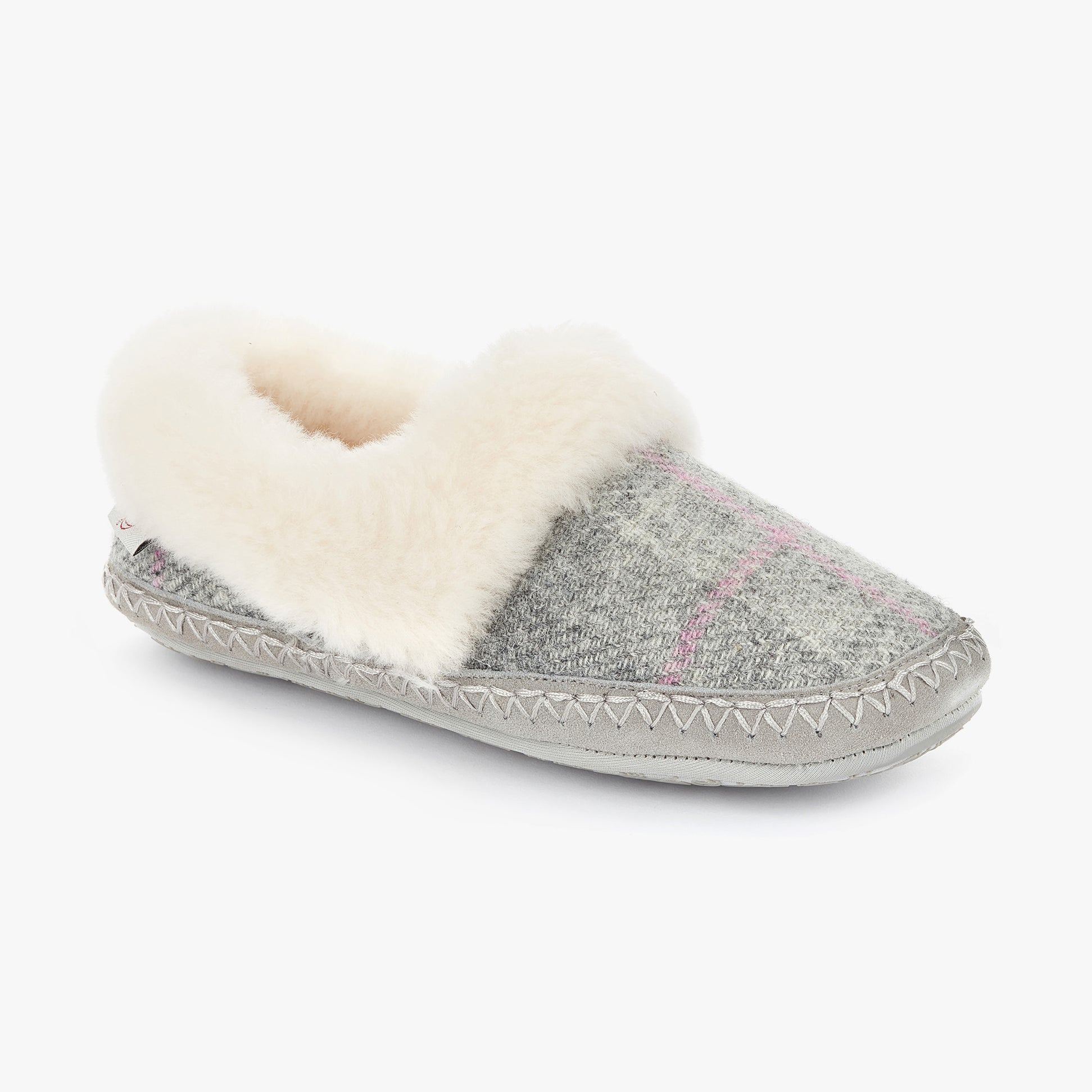 Bedroom Athletics DIANA Womens Moccasins Grey/Pink Check side view showing plush lining and slip-on design.