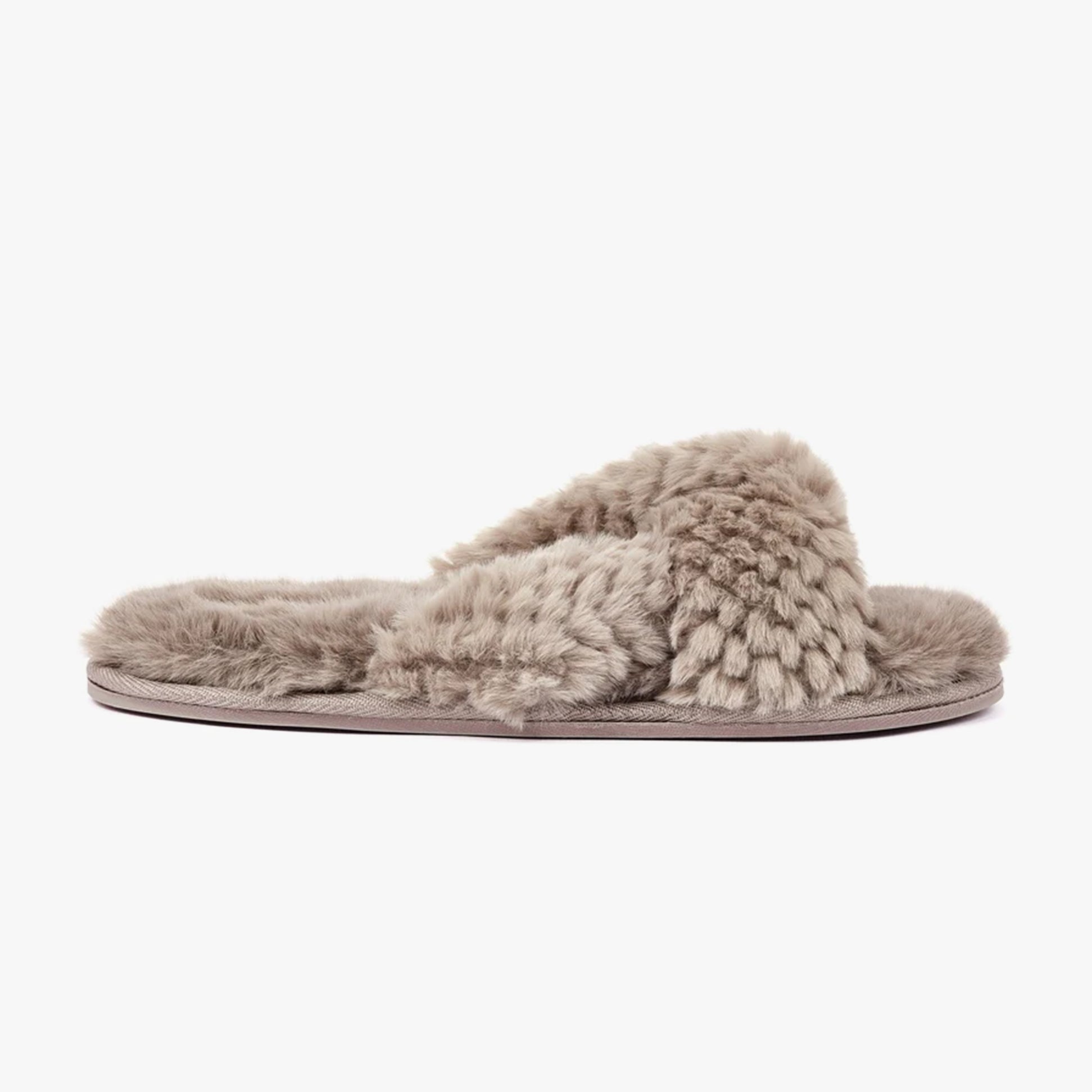 Bedroom Athletics NICKI Womens Faux Fur Slipper Sliders Gingerbread side view of faux fur sliders with soft fluffy upper.