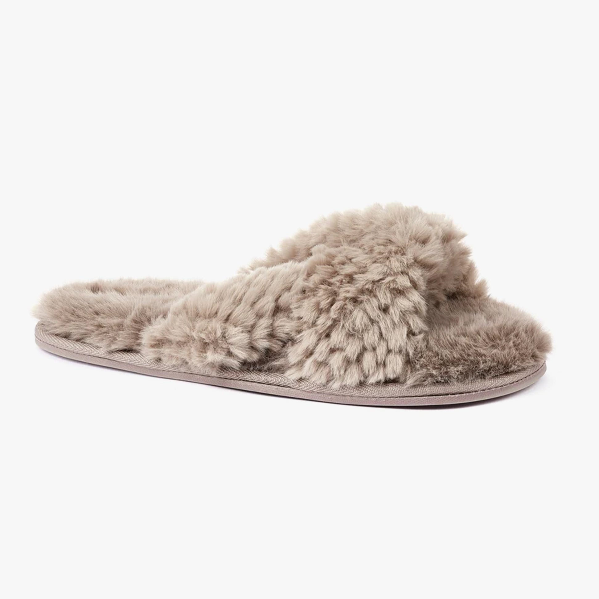 Bedroom Athletics NICKI Womens Faux Fur Slipper Sliders Gingerbread side view soft faux fur slide with a plush design