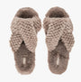 Bedroom Athletics NICKI Womens Faux Fur Slipper Sliders Gingerbread top view of soft, cozy faux fur slippers with crisscross design.