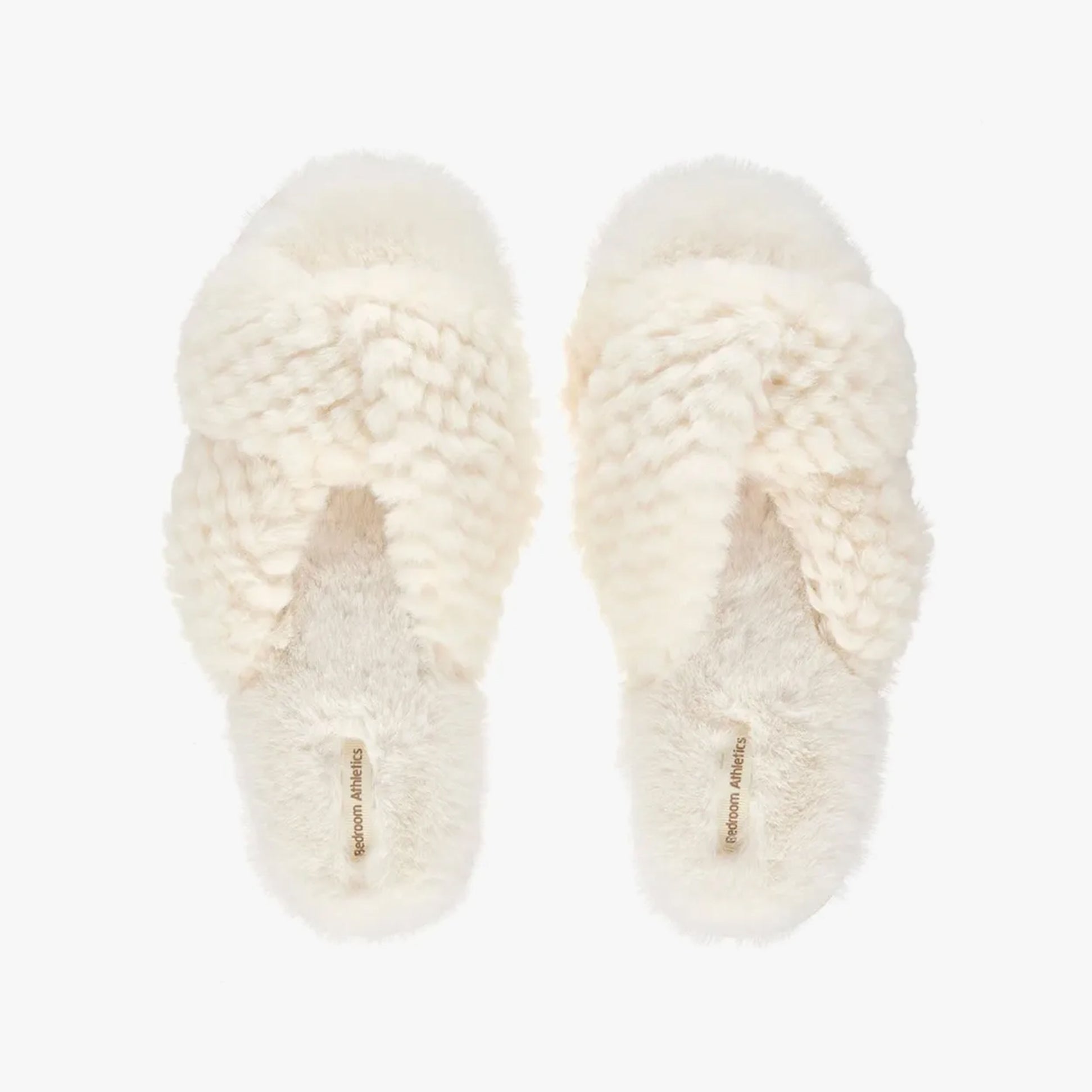 Bedroom Athletics NICKI Womens Faux Fur Slipper Sliders Cream top view with soft faux fur and cross strap design.