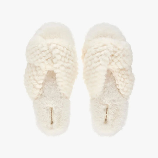 Bedroom Athletics NICKI Womens Faux Fur Slipper Sliders Cream top view with soft faux fur and cross strap design.