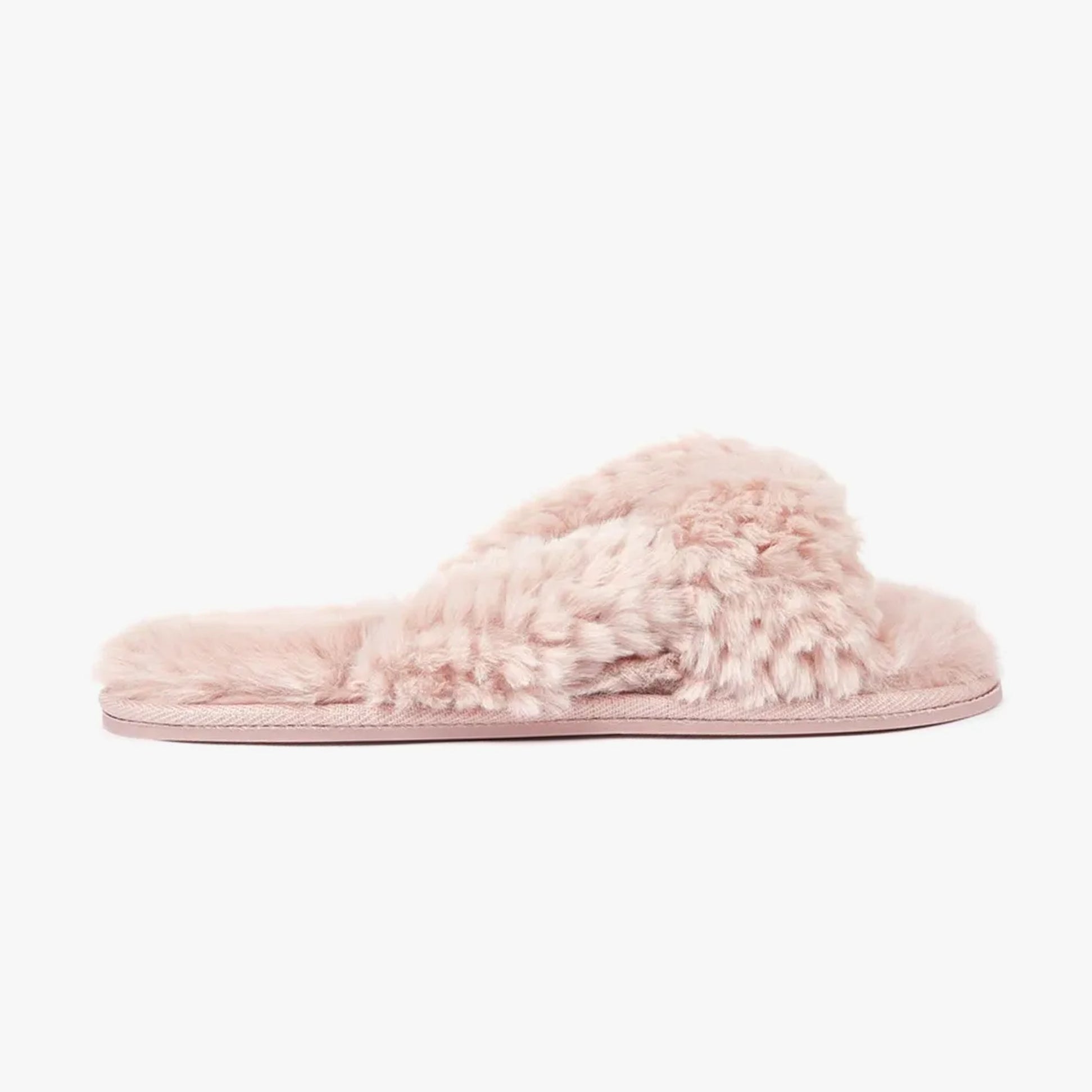 Bedroom Athletics NICKI Womens Faux Fur Slipper Sliders Dusky Pink side view of soft, fluffy faux fur sliders with a flat sole.