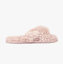 Bedroom Athletics NICKI Womens Faux Fur Slipper Sliders Dusky Pink side view of soft, fluffy faux fur sliders with a flat sole.