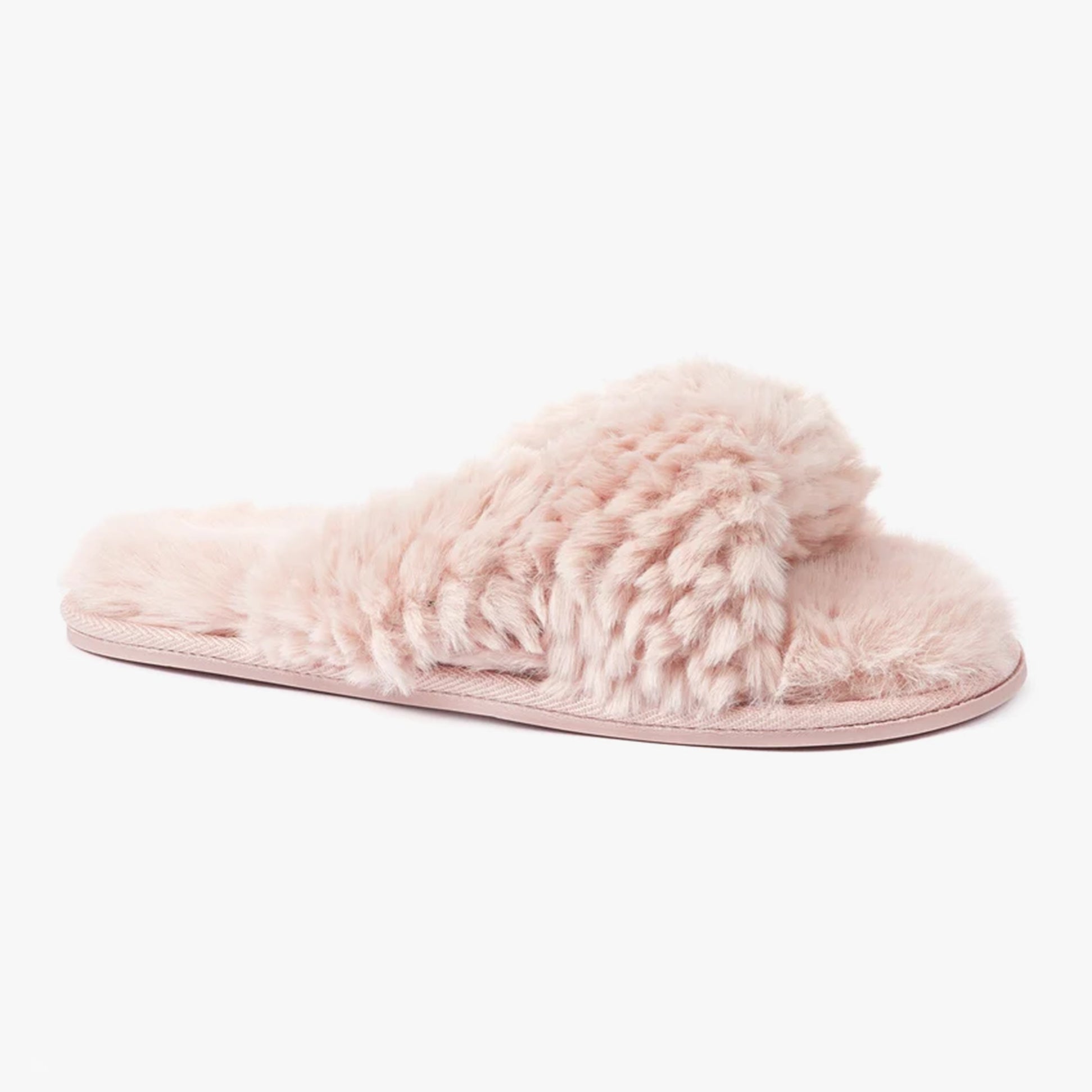 Bedroom Athletics NICKI Womens Faux Fur Slipper Sliders Dusky Pink side view showing plush faux fur upper and flat sole.
