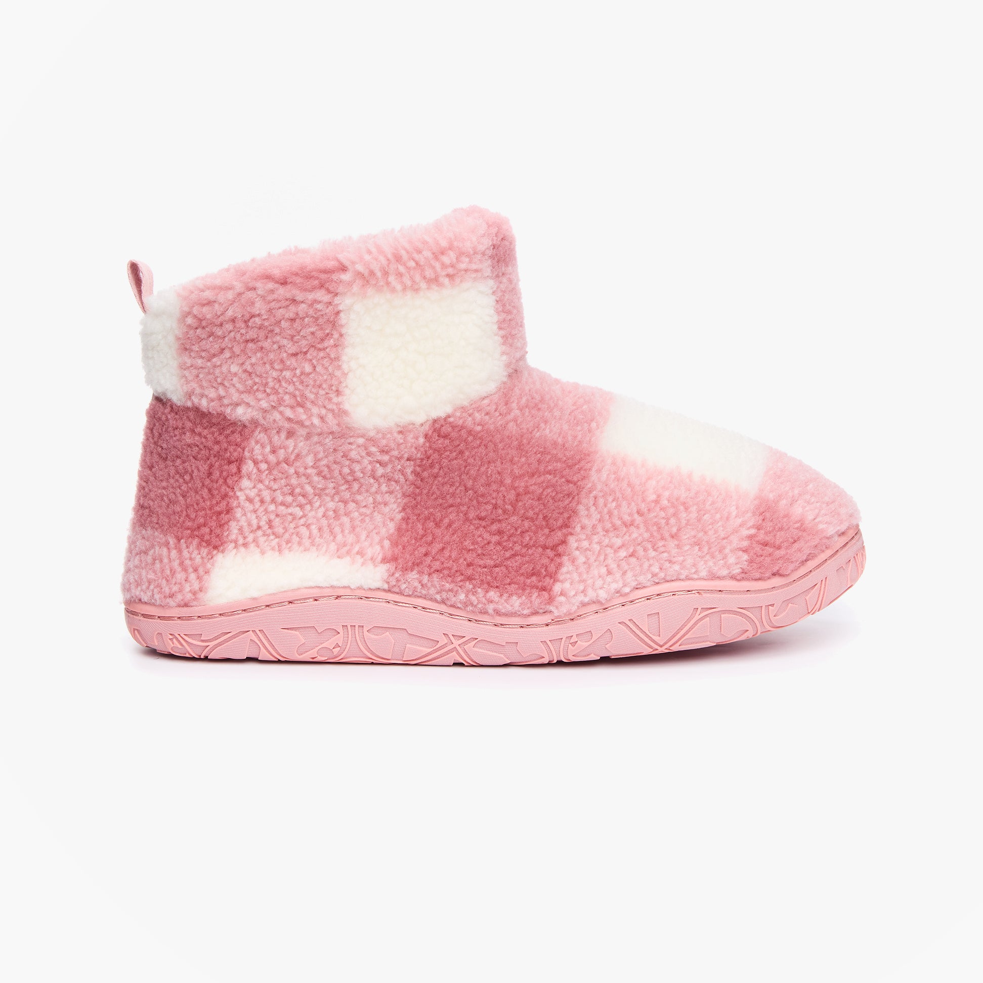 Bedroom Athletics CELESTE Womens Slipper Boots Pink Check side view showing plush design and pink check pattern.