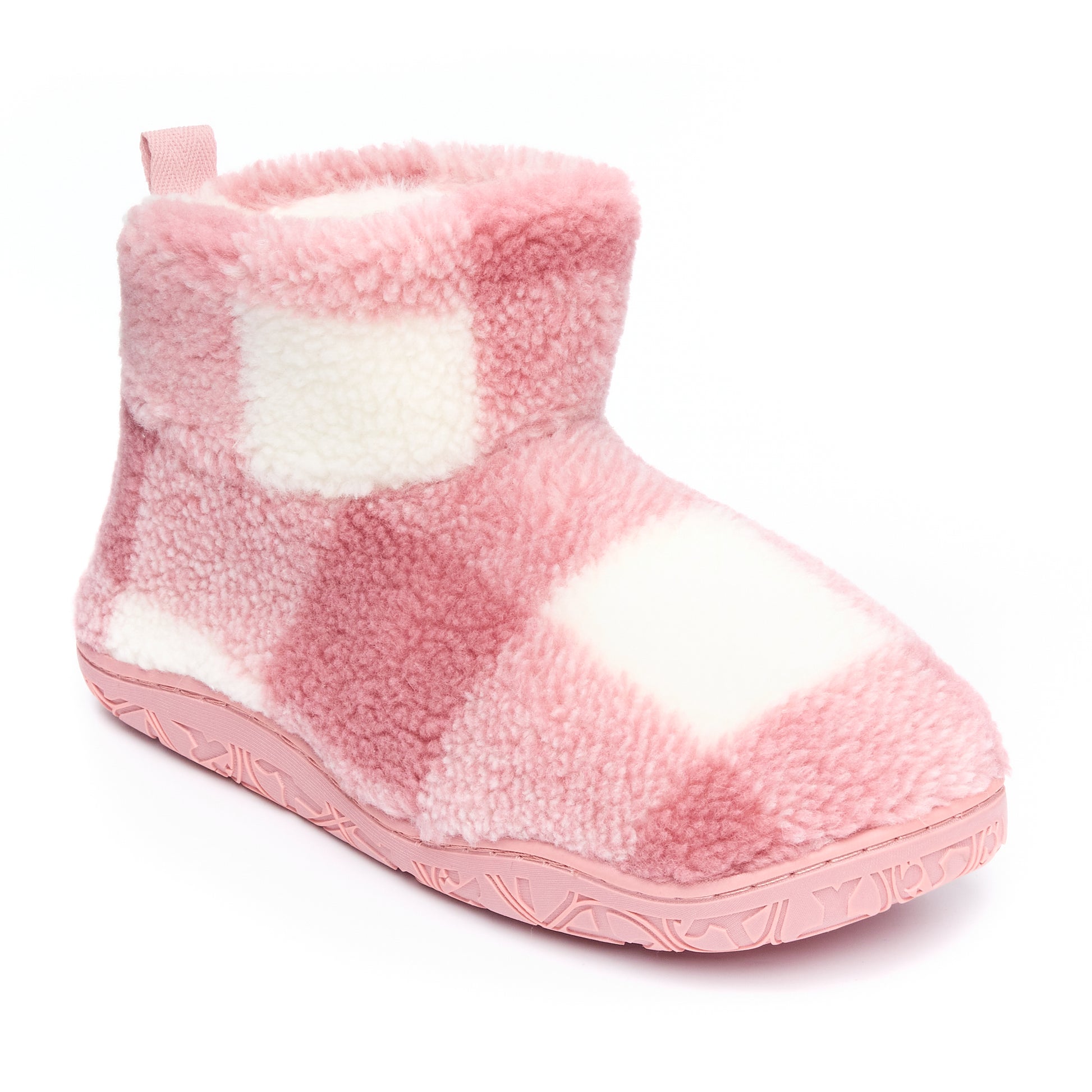 Bedroom Athletics CELESTE Womens Slipper Boots Pink Check side view showing soft fluffy texture and pink check pattern.