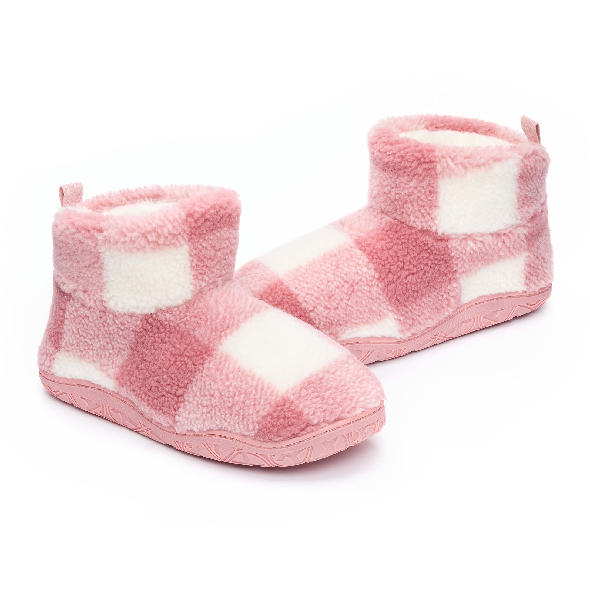 Bedroom Athletics CELESTE Womens Slipper Boots Pink Check side view showing soft plush upper and ankle height design.