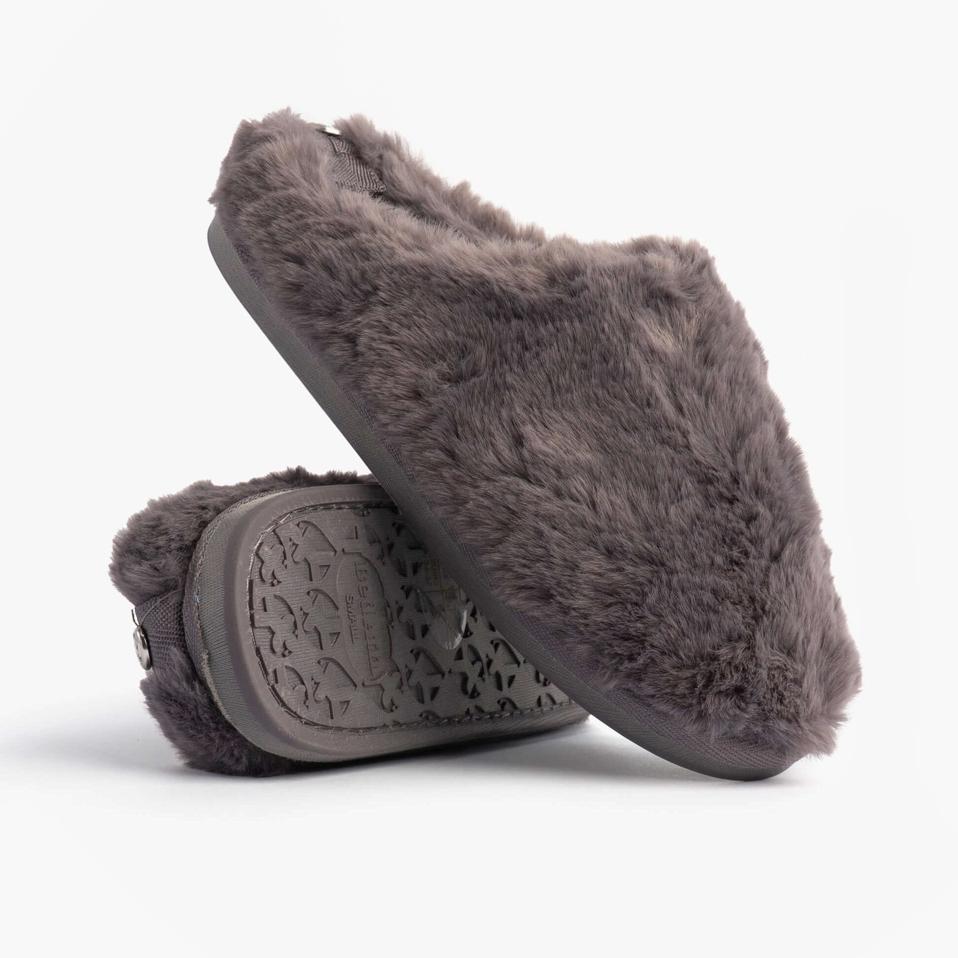 Bedroom Athletics ARIANA Womens Mule Slippers Ink side view showcasing faux fur upper and TPR sole.