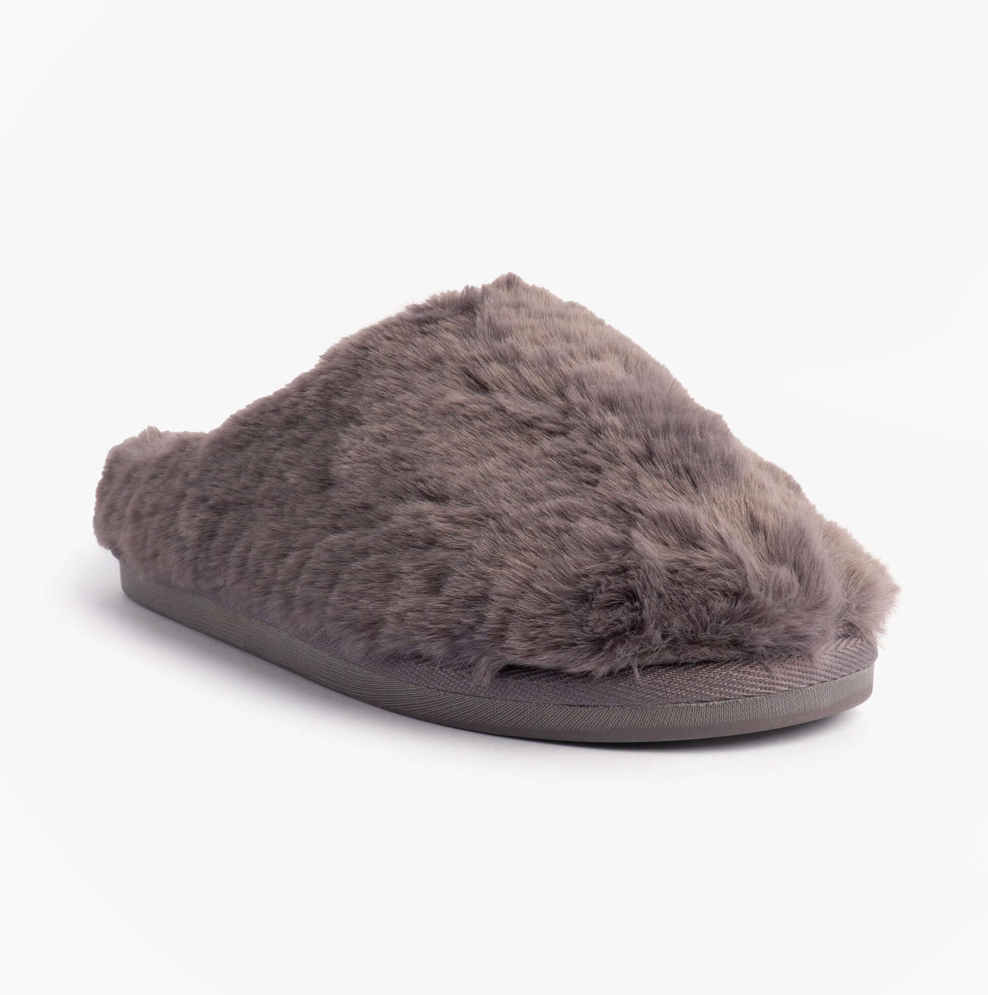 Bedroom Athletics ARIANA Womens Mule Slippers Ink, side view, faux fur upper, comfortable slip-on design.