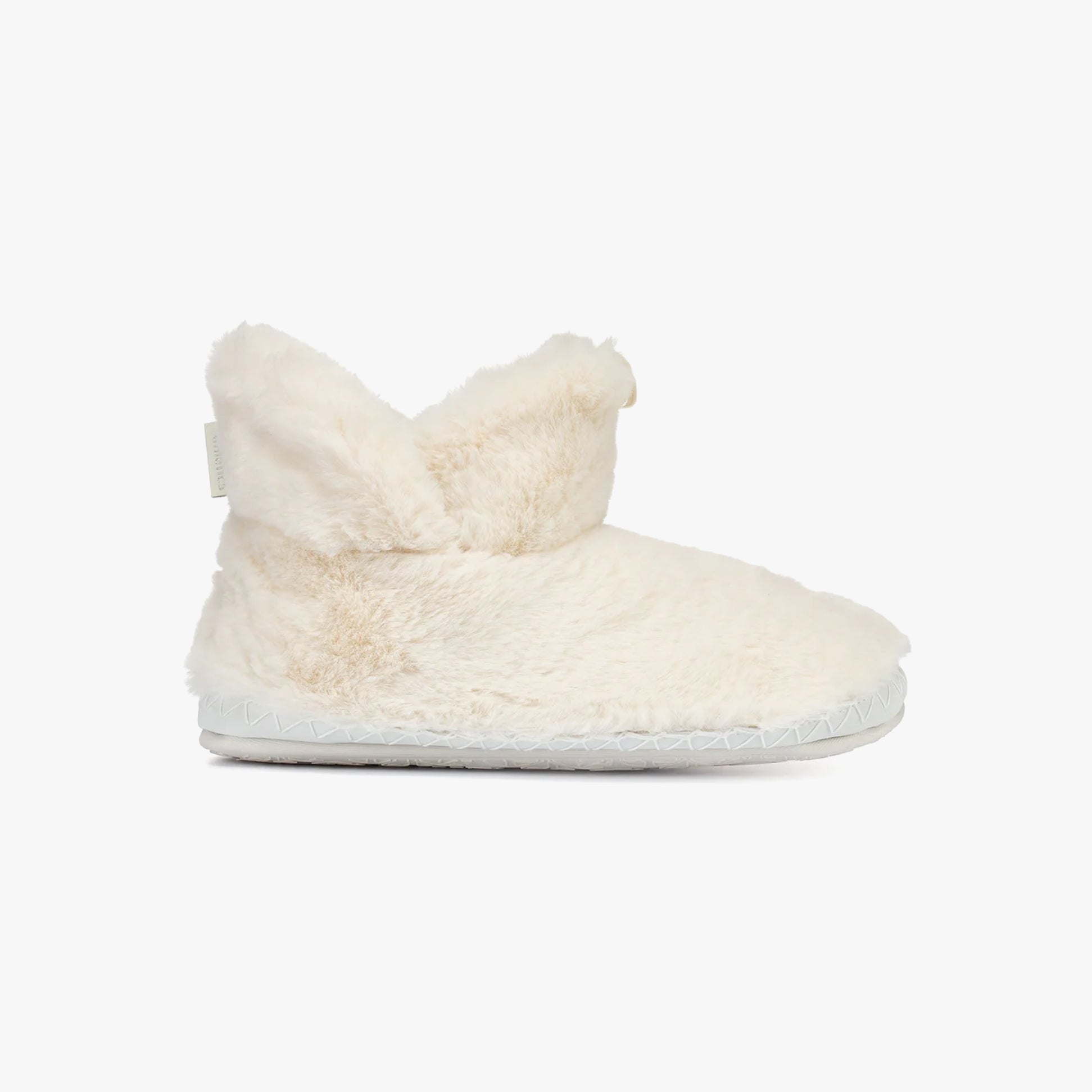 Bedroom Athletics HARRIET Womens Slipper Boots Cream side view, faux fur upper, round toe, comfortable pull-on ankle design.