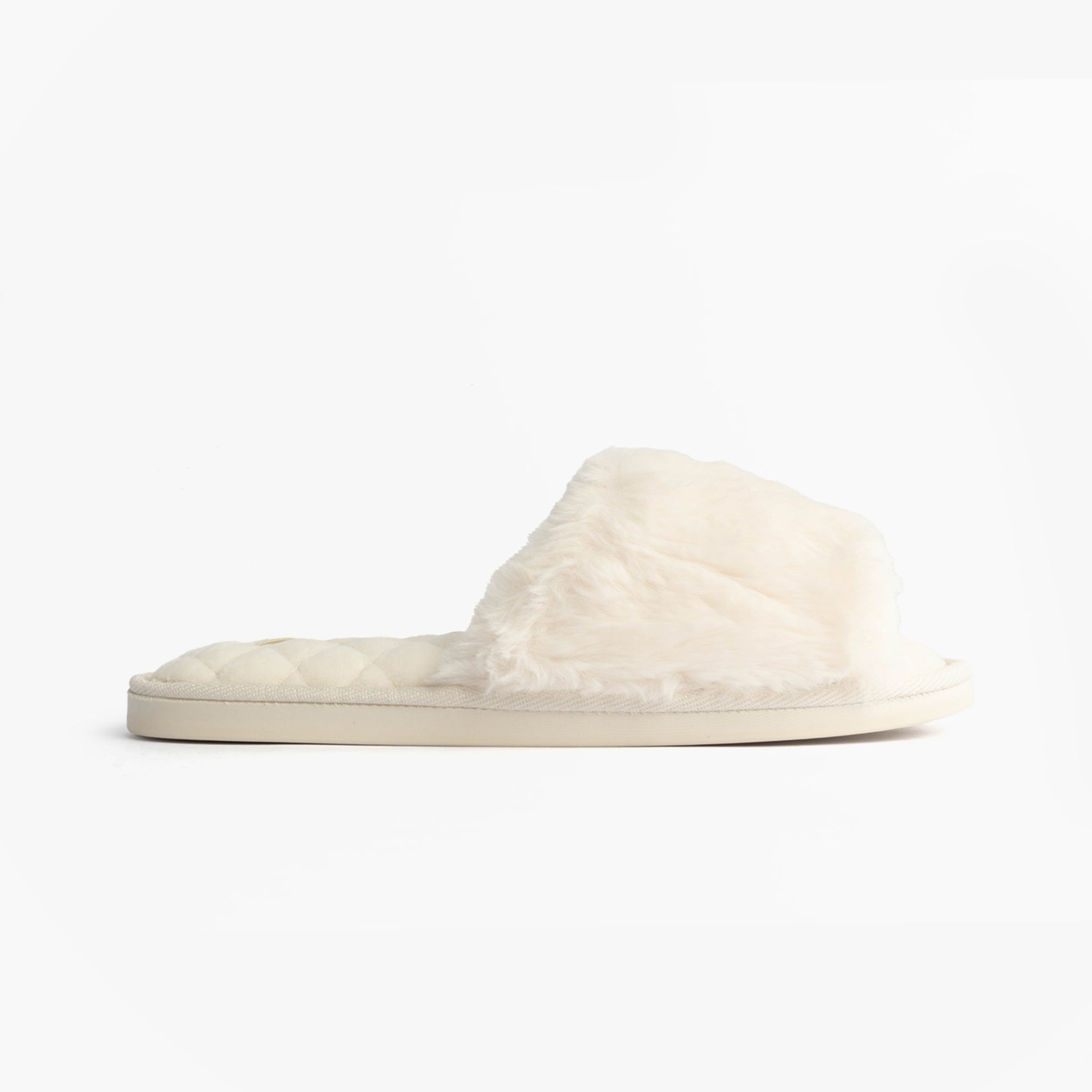 Bedroom Athletics ERIN Womens Slipper Sliders Cream side view with faux fur upper and rubber sole.