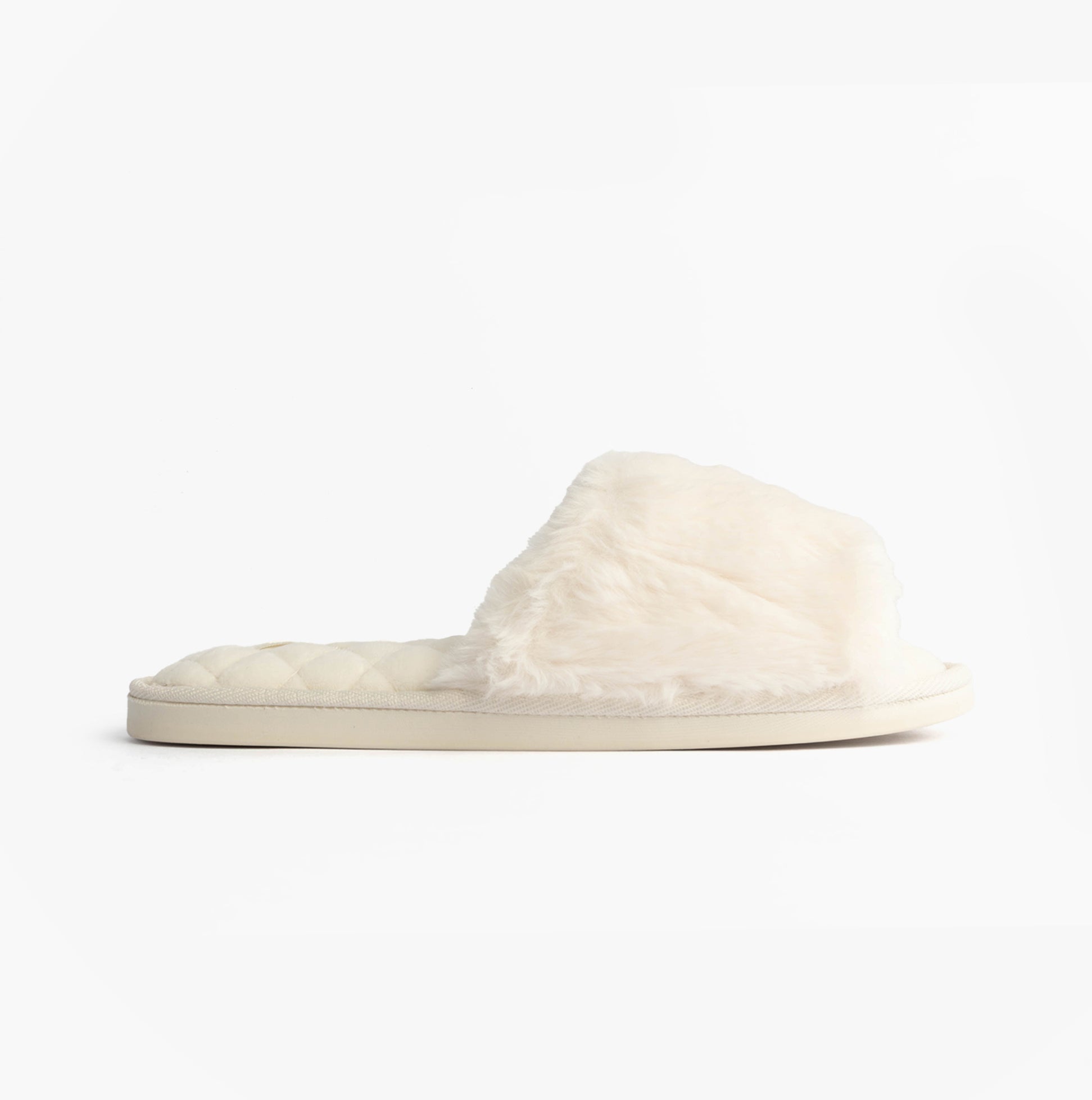 Bedroom Athletics ERIN Womens Slipper Sliders Cream side view with faux fur upper and rubber sole.