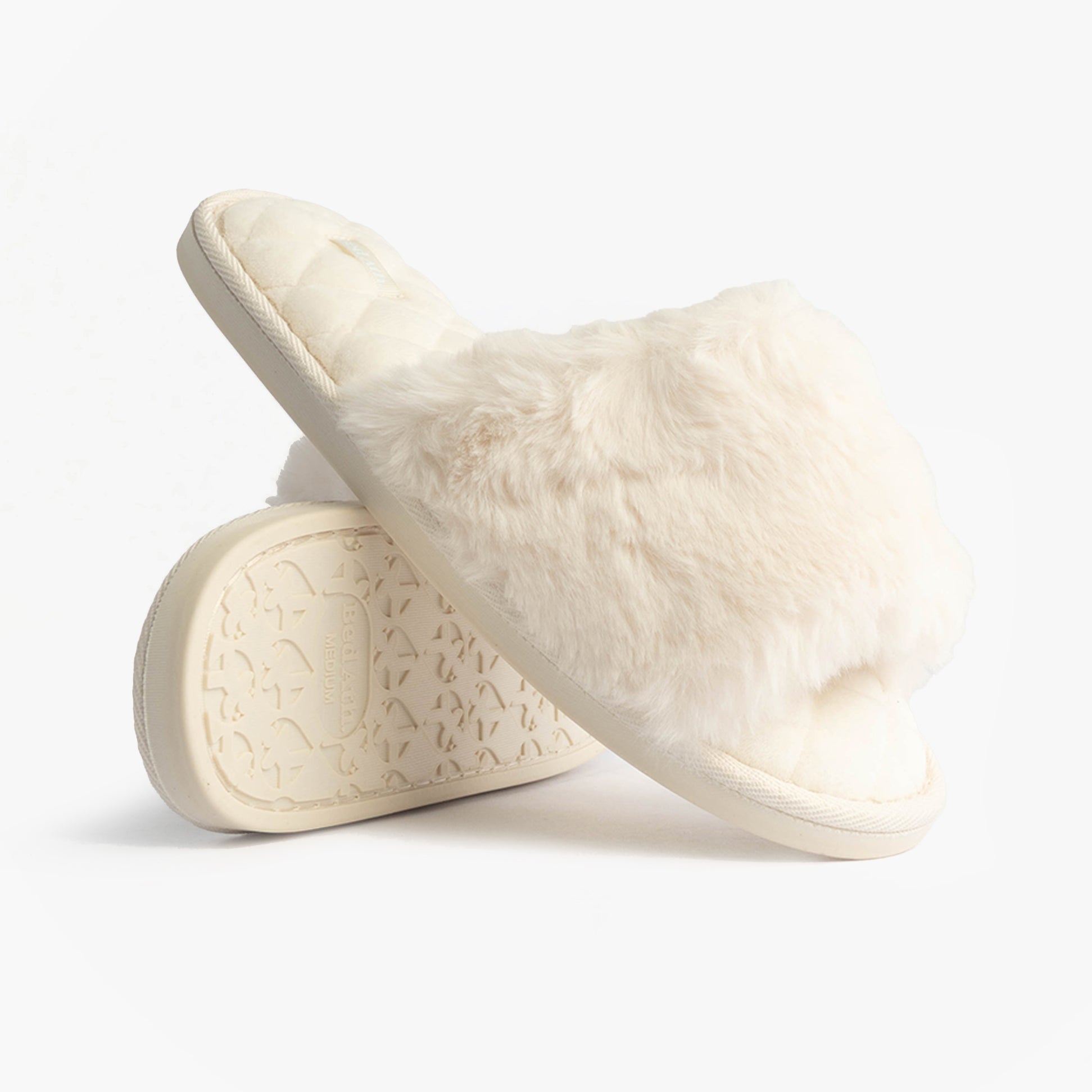 Bedroom Athletics ERIN Womens Slipper Sliders Cream side view showing faux fur upper and rubber sole.