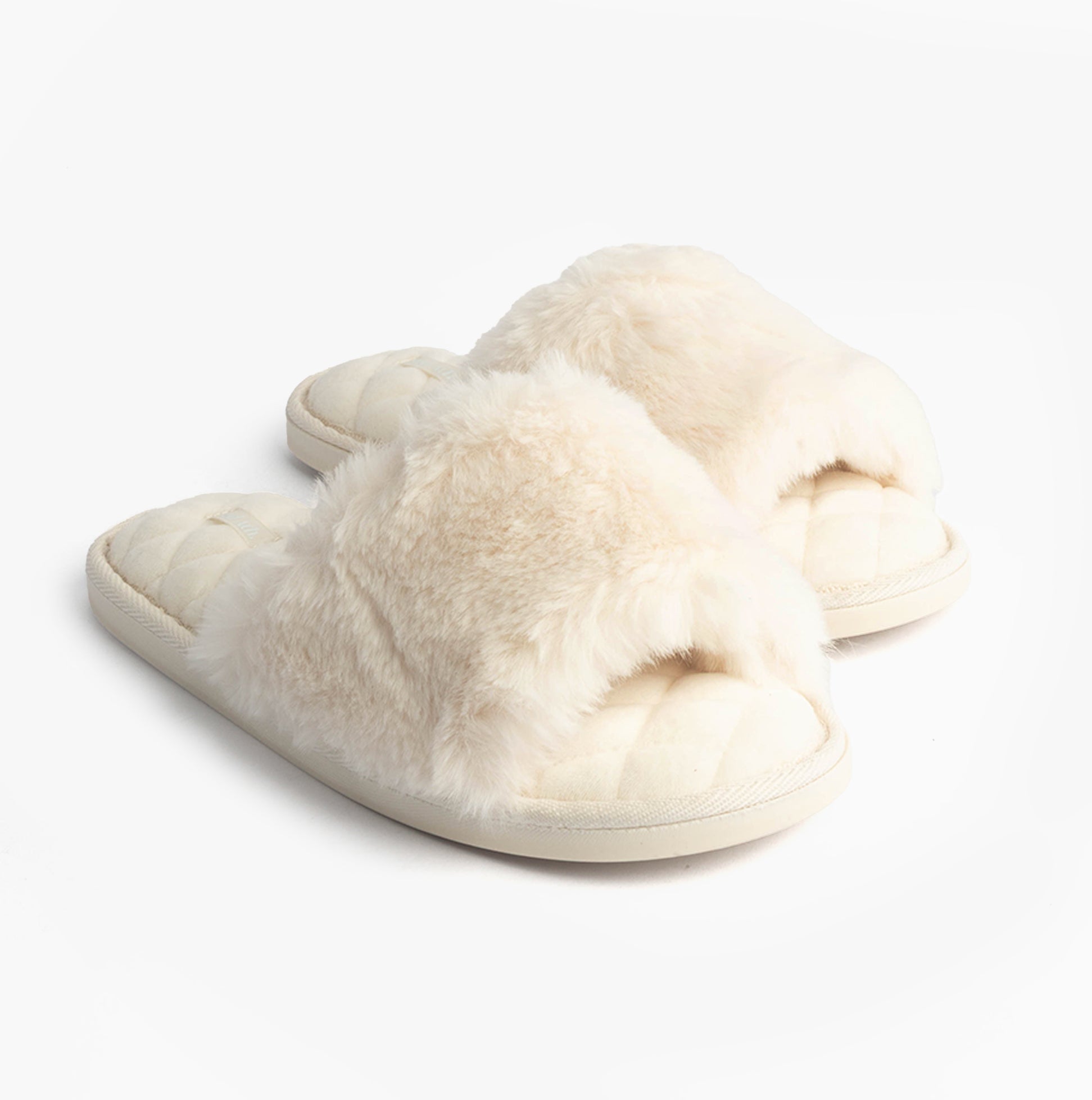 Bedroom Athletics ERIN Womens Slipper Sliders Cream side view showing faux fur upper and rubber sole.
