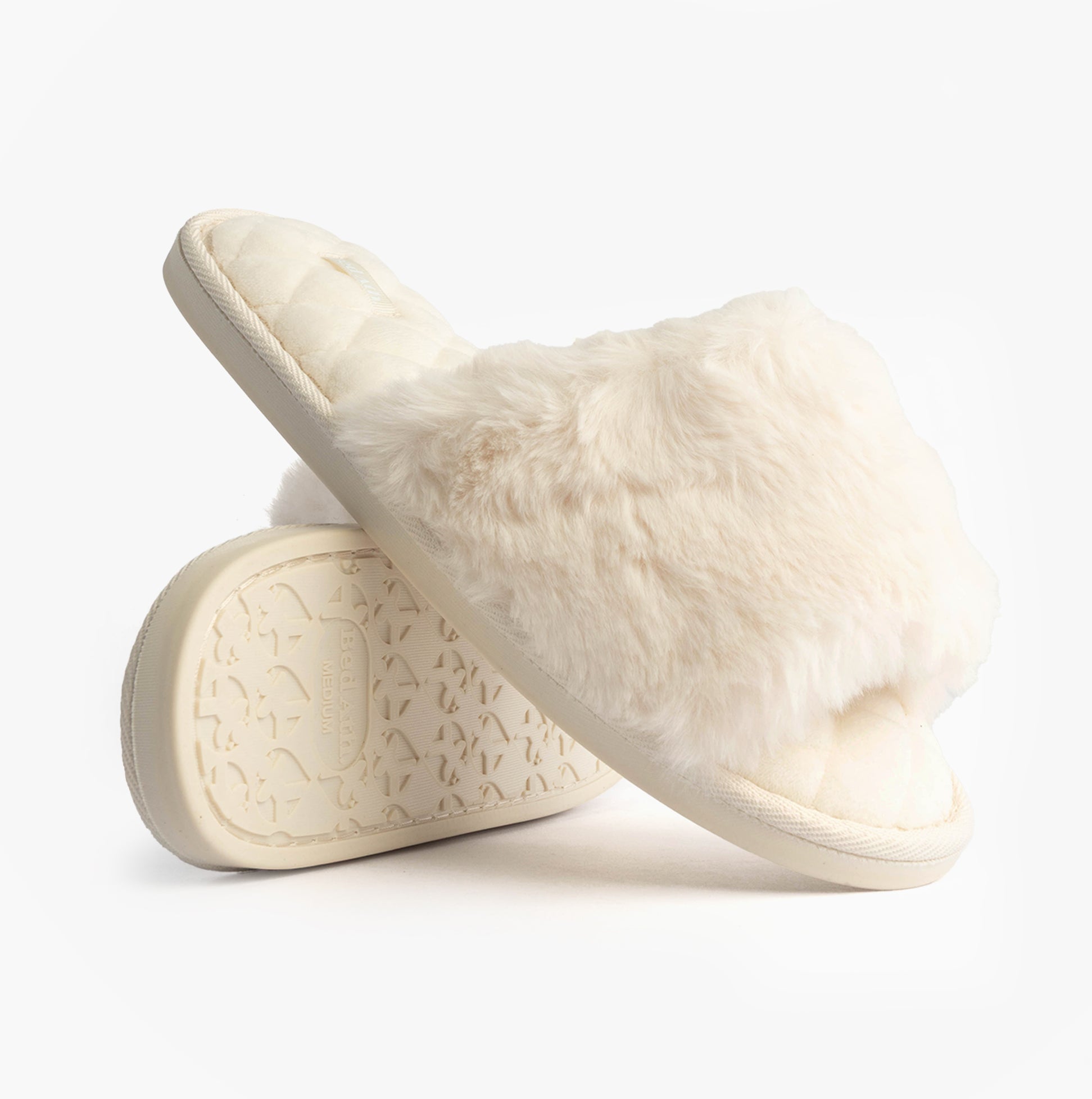 Bedroom Athletics ERIN Womens Slipper Sliders Cream side view showcasing soft faux fur and rubber sole.