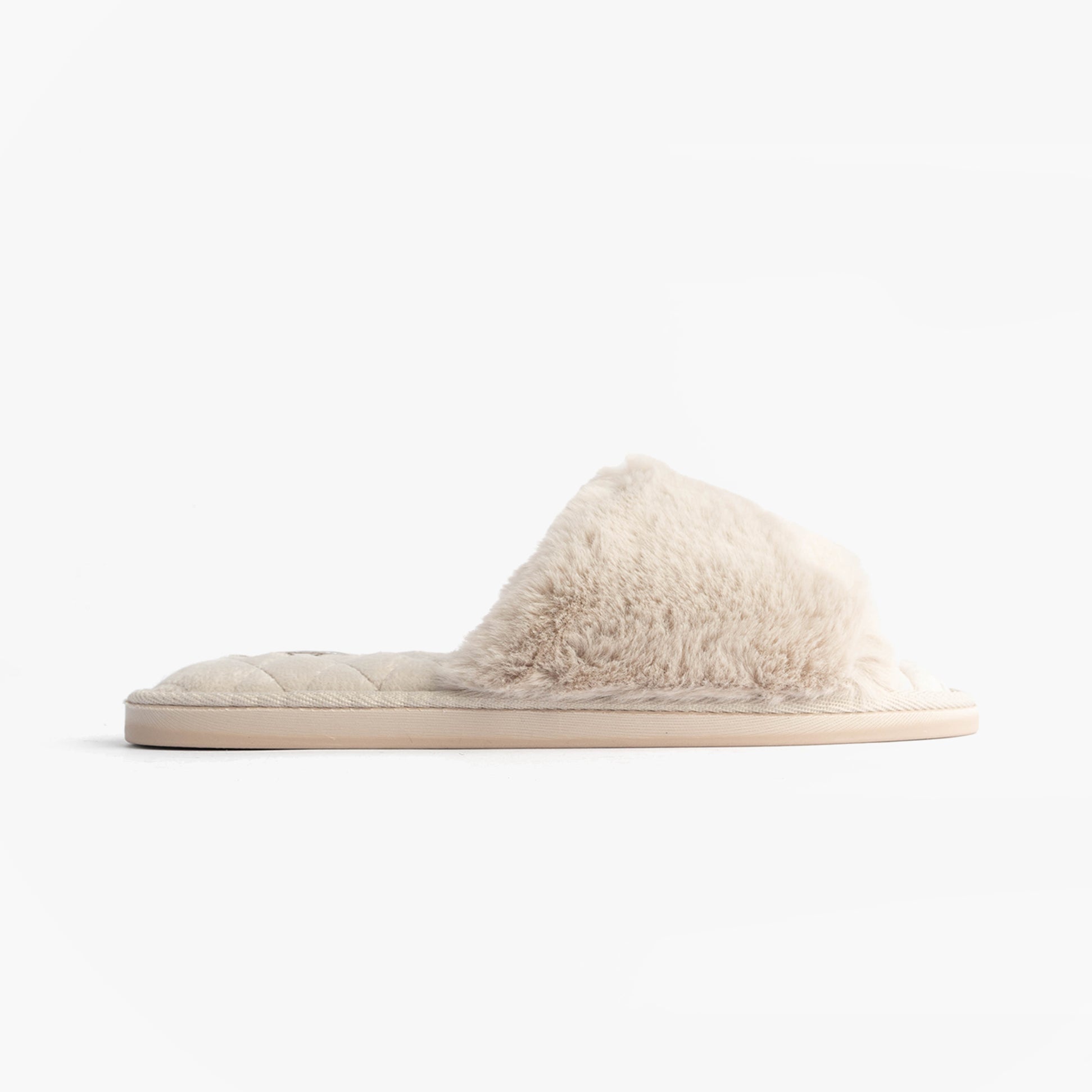 Bedroom Athletics ERIN Womens Slipper Sliders Light Grey side view showing faux fur upper and flat sole.