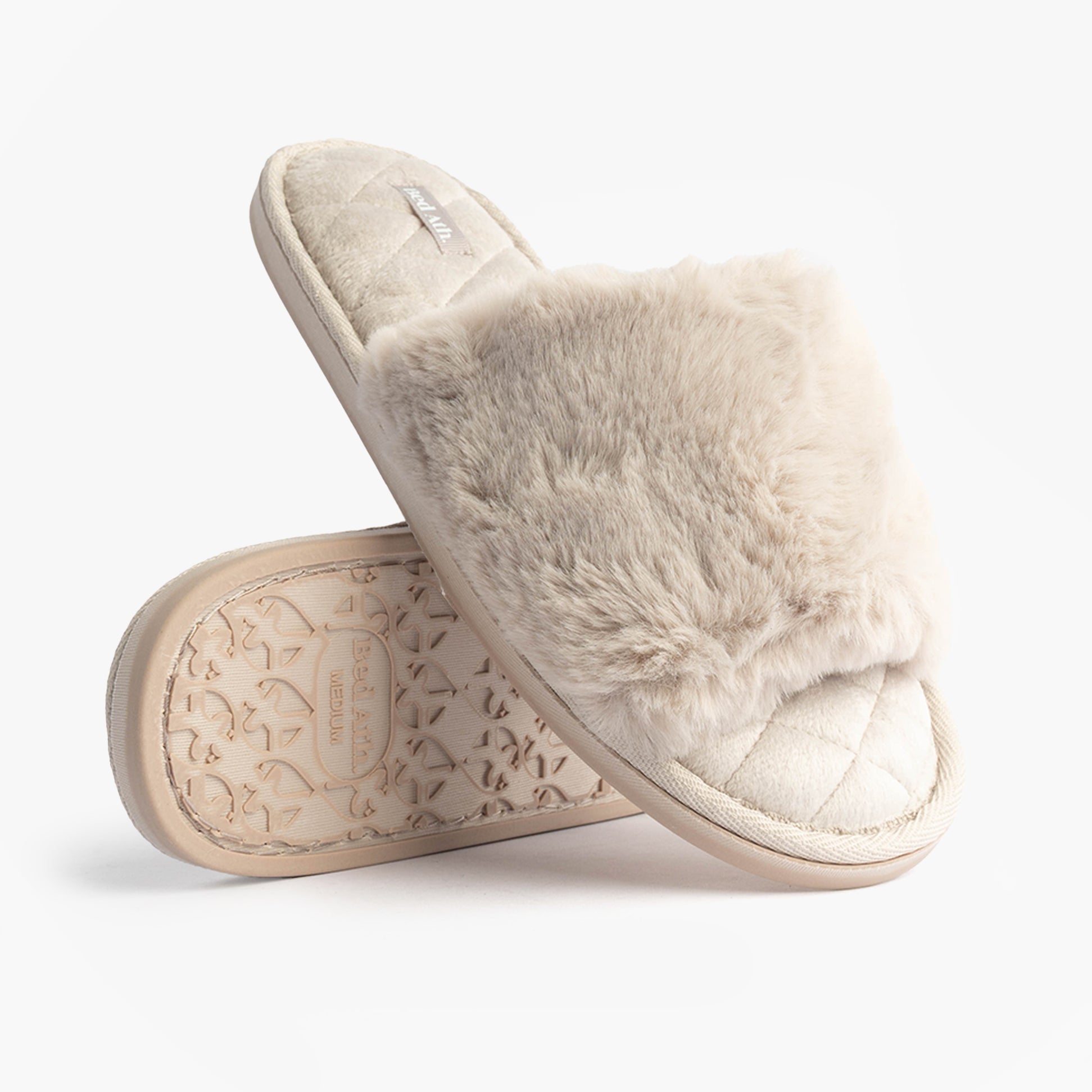 Bedroom Athletics ERIN Womens Slipper Sliders Light Grey side view showcasing faux fur upper and rubber sole.