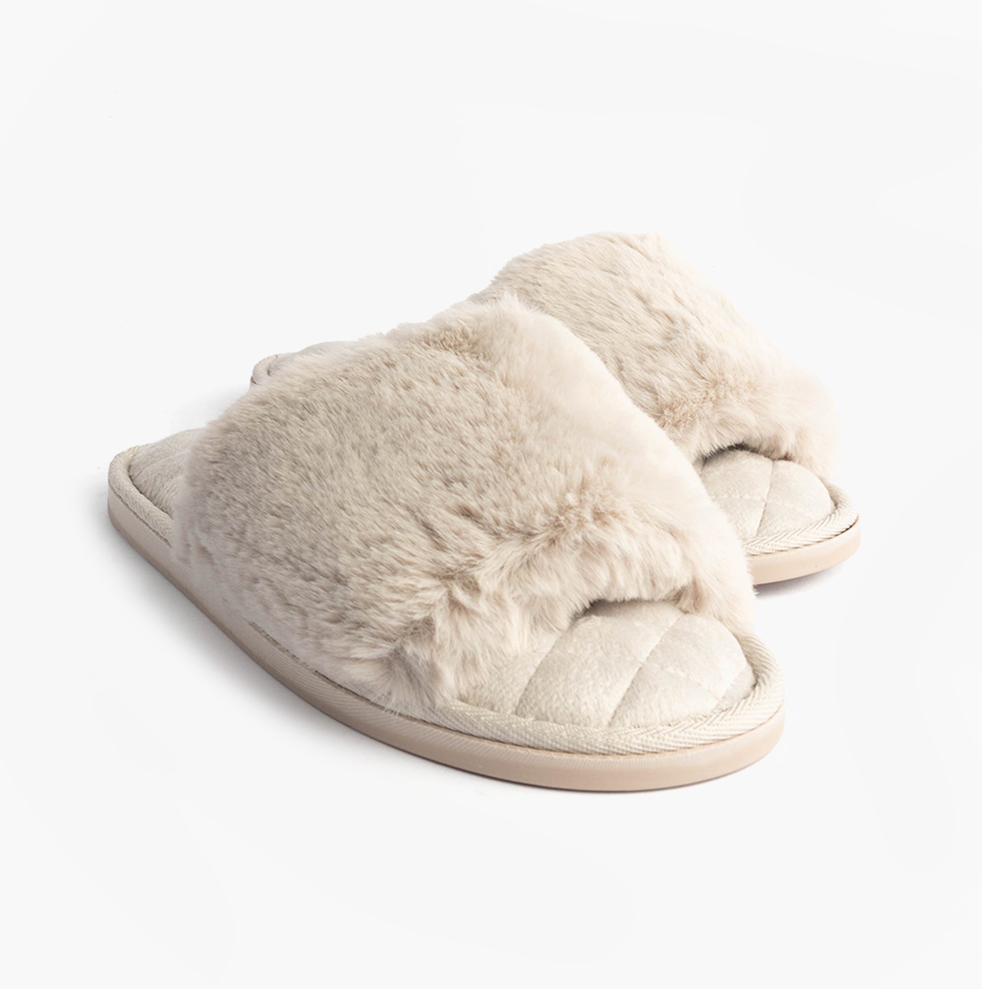 Bedroom Athletics ERIN Womens Slipper Sliders Light Grey side view of faux fur slip-on sliders.
