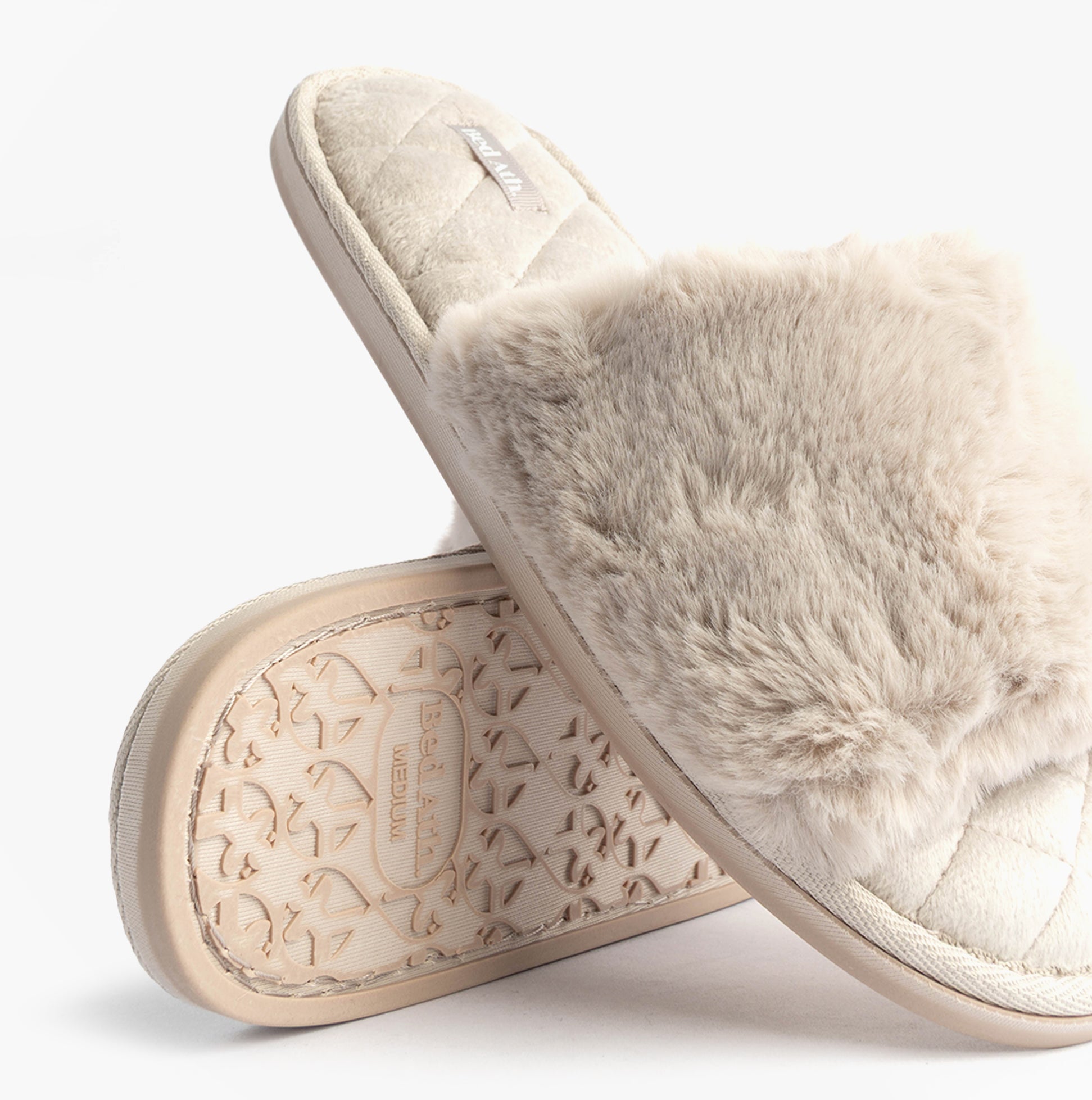 Bedroom Athletics ERIN Womens Slipper Sliders Light Grey side view showcasing faux fur upper and rubber sole.