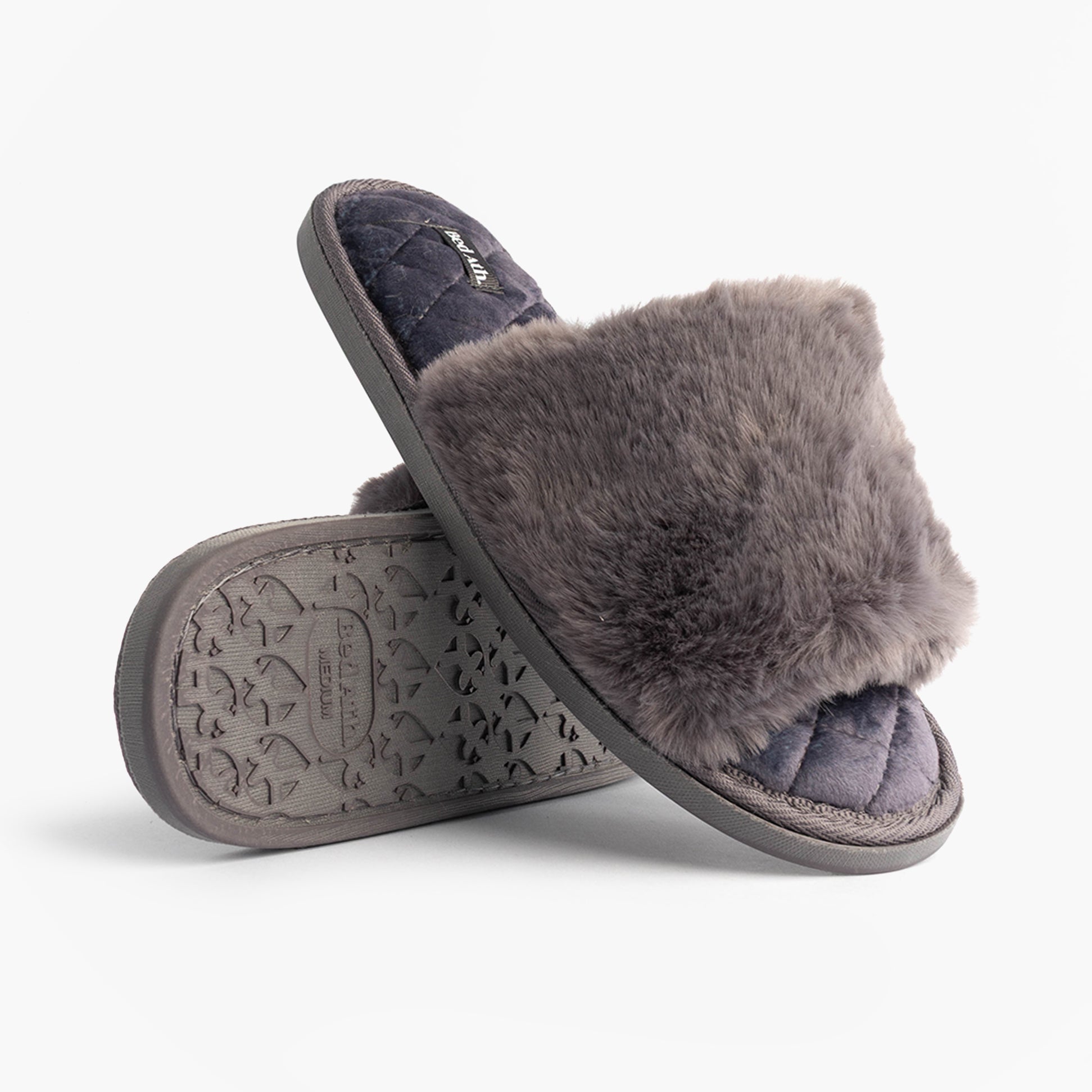 Bedroom Athletics ERIN Womens Slipper Sliders Ink side view showing faux fur upper and rubber sole.