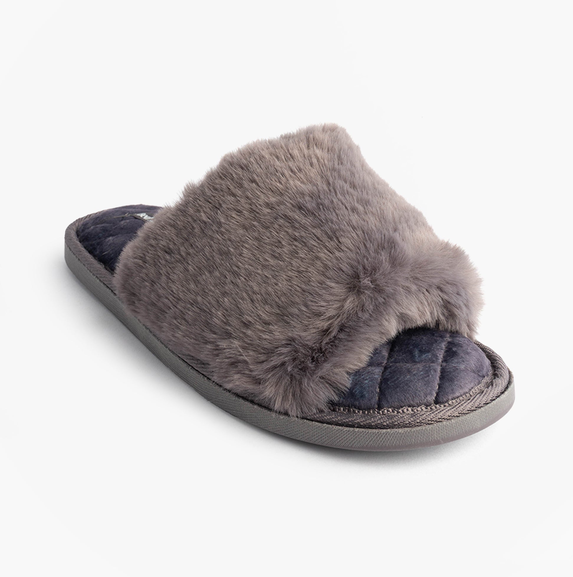 Bedroom Athletics ERIN Womens Slipper Sliders Ink side view showing faux fur upper and rubber sole.