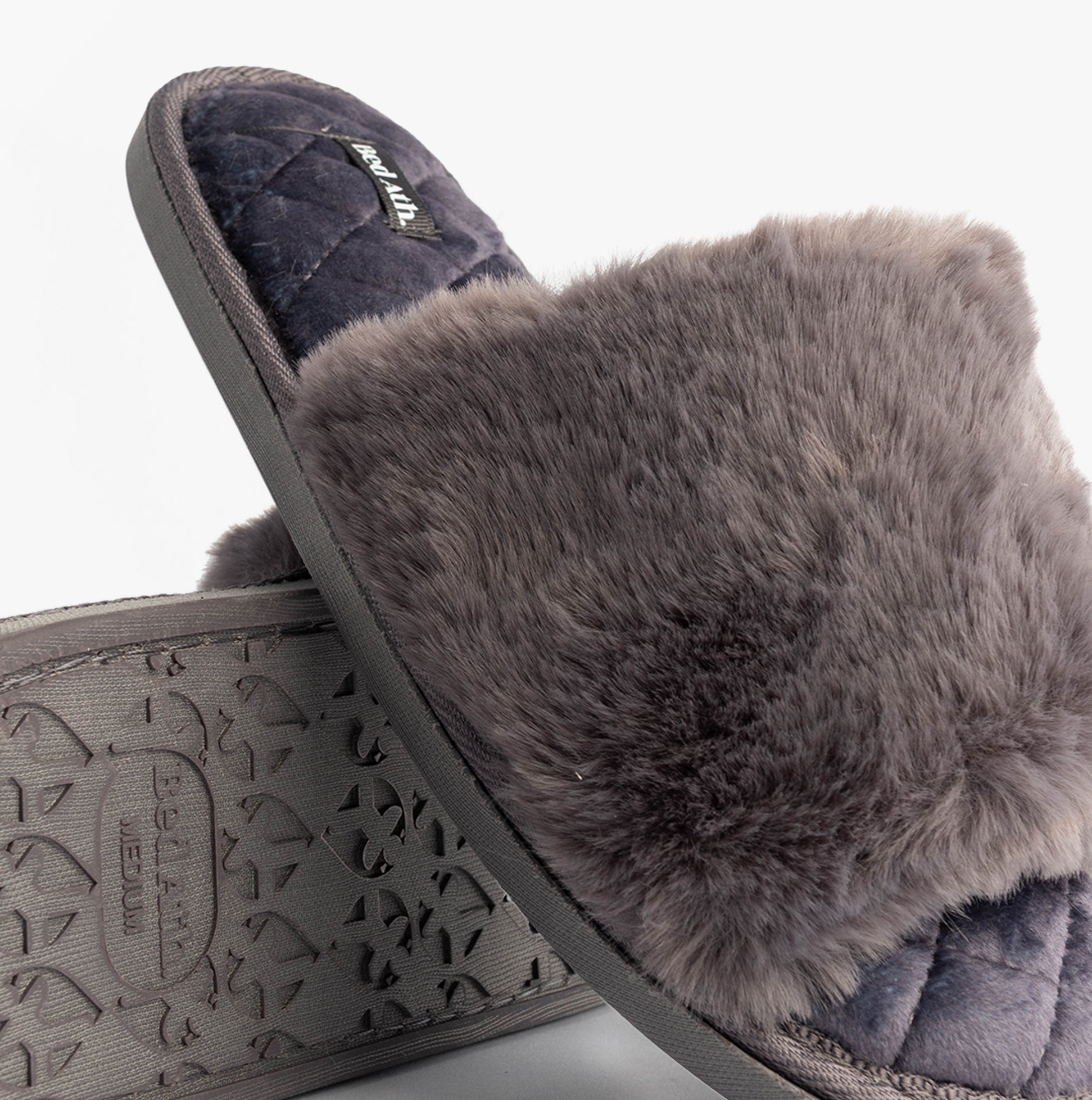 Bedroom Athletics ERIN Womens Slipper Sliders Ink side view with faux fur upper and contrasting rubber sole.