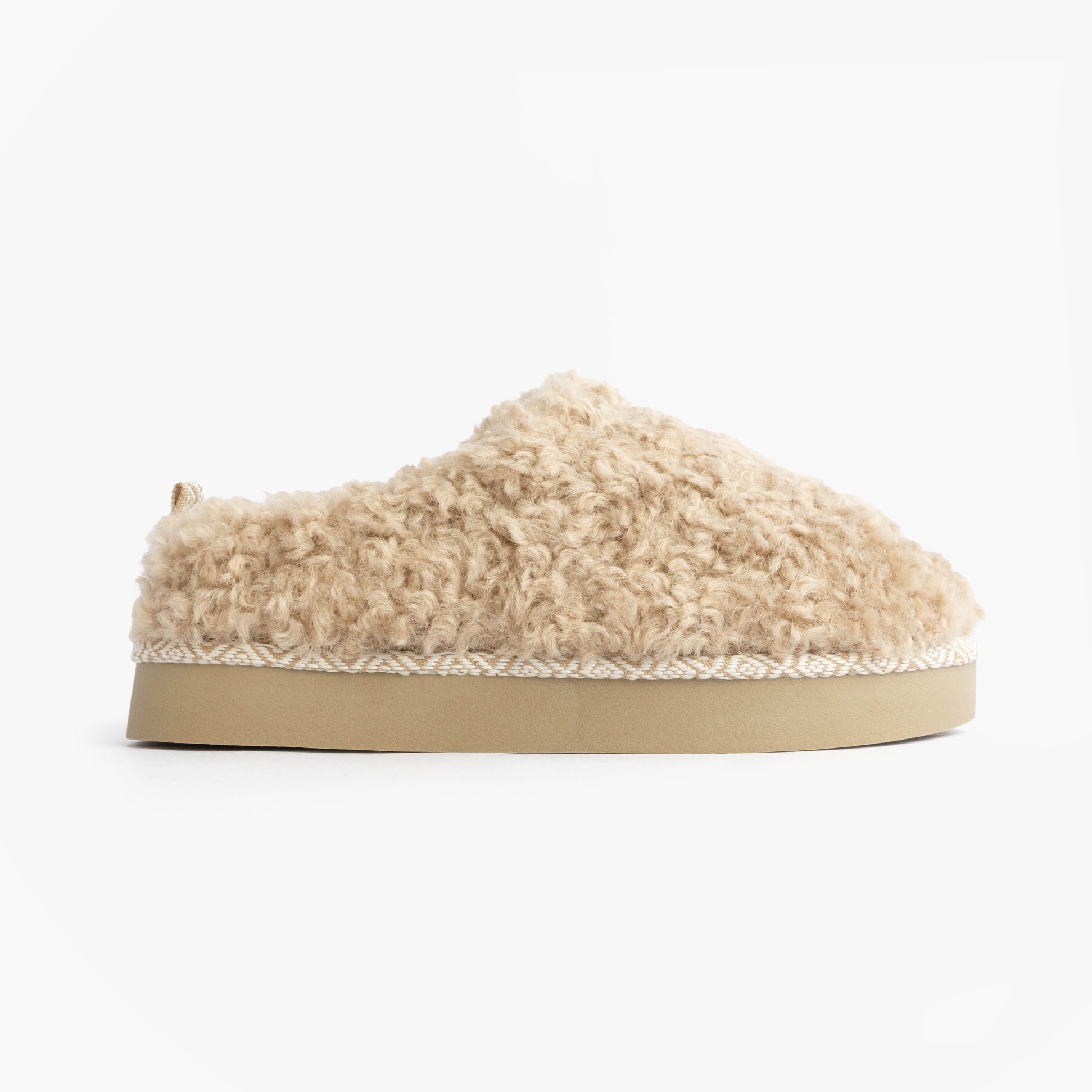 Bedroom Athletics ALICIA Womens Mule Slippers Biscuit side view showing cozy faux fur upper and rubber sole.