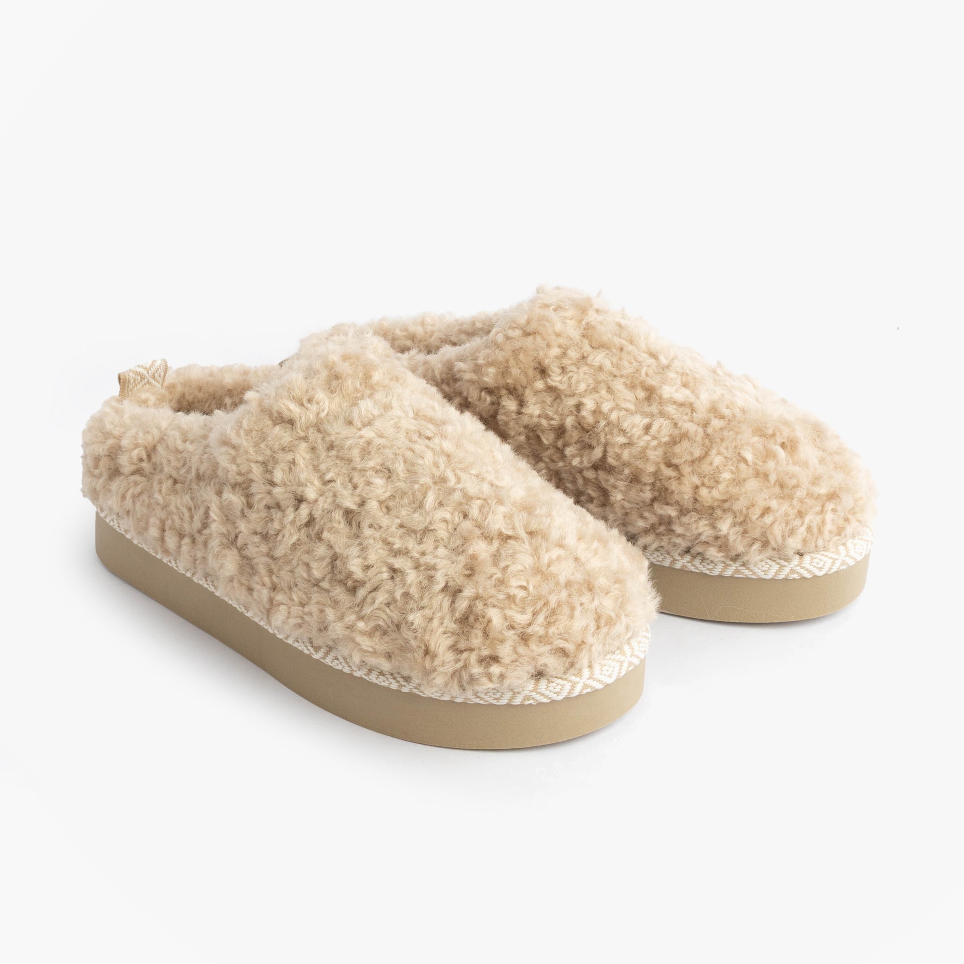 Bedroom Athletics ALICIA Womens Mule Slippers Biscuit side view showing faux fur upper and rubber sole.