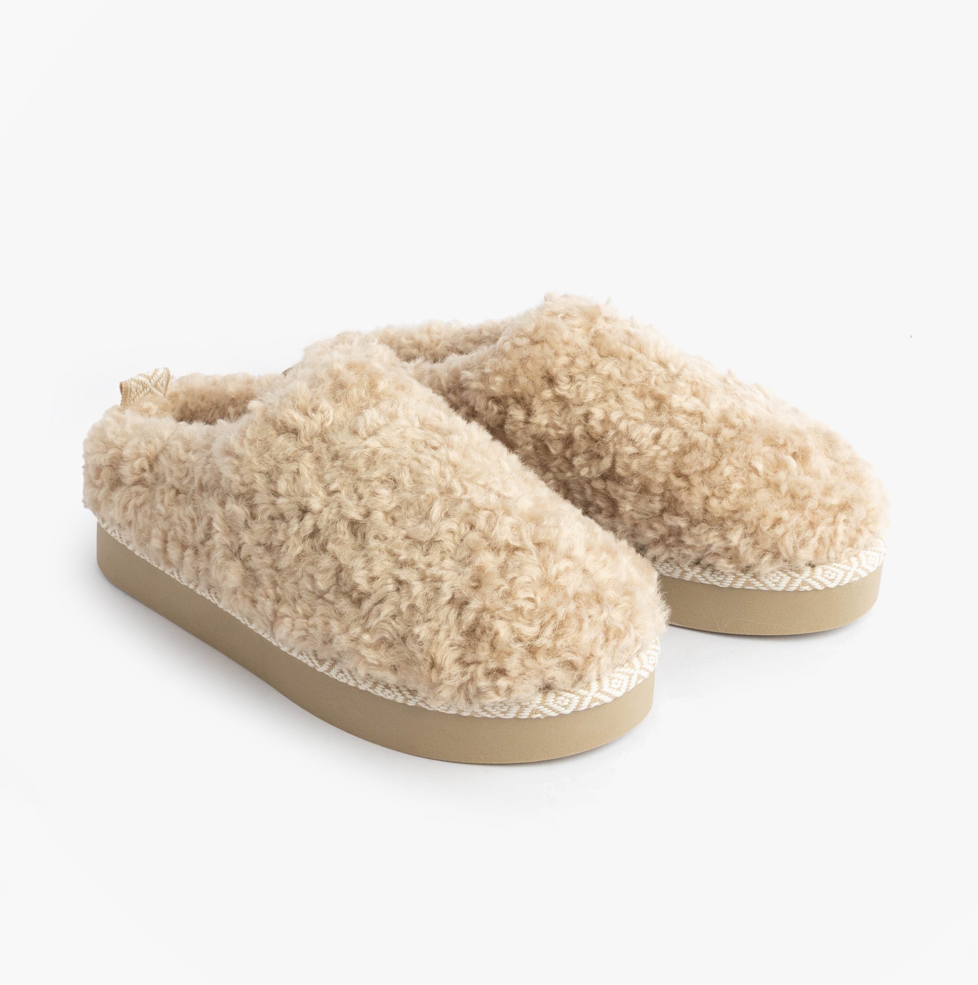 Bedroom Athletics ALICIA Womens Mule Slippers Biscuit side view showing faux fur upper and rubber sole.