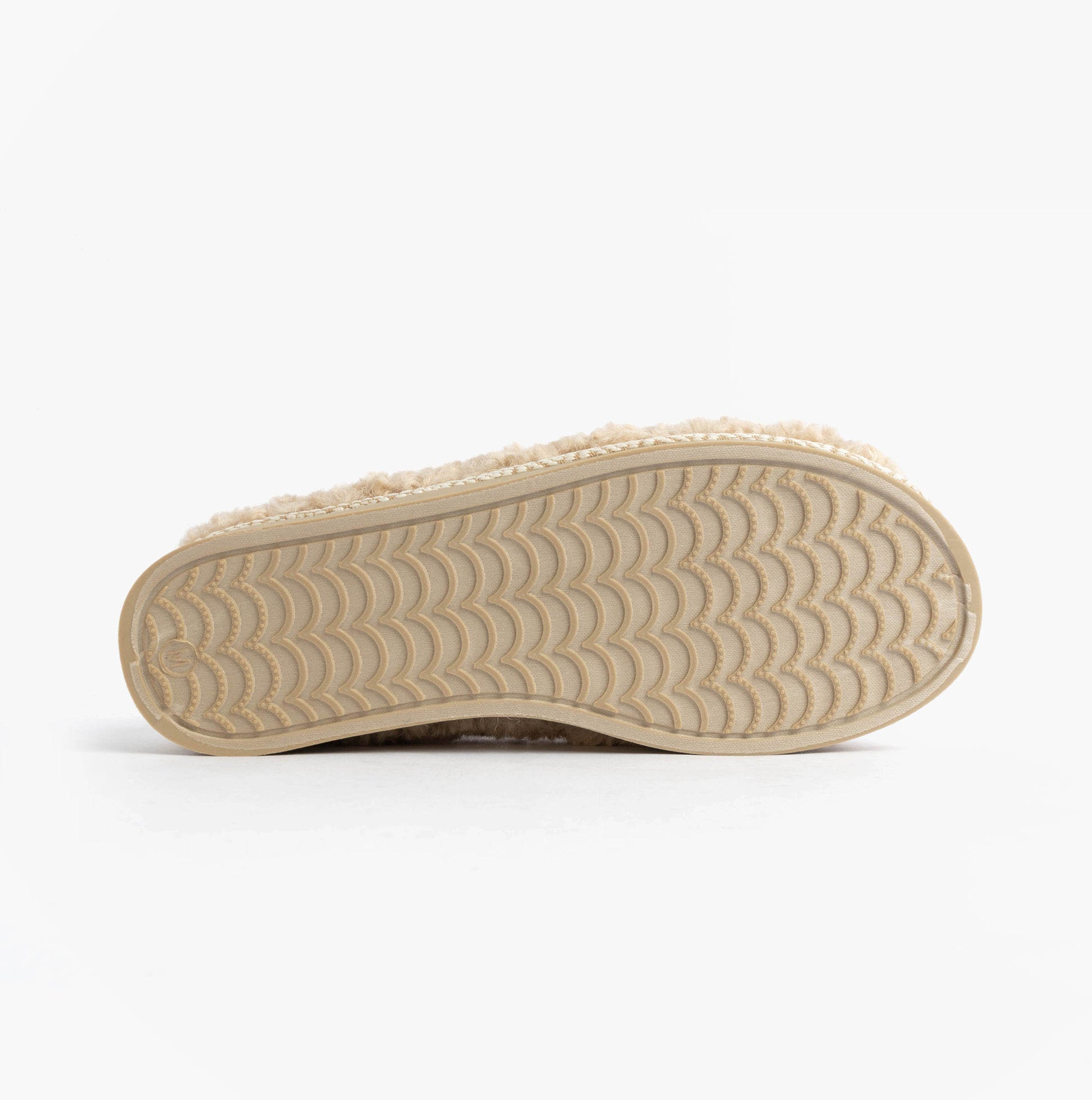 Bedroom Athletics ALICIA Womens Mule Slippers Biscuit bottom view showing rubber sole design and texture.