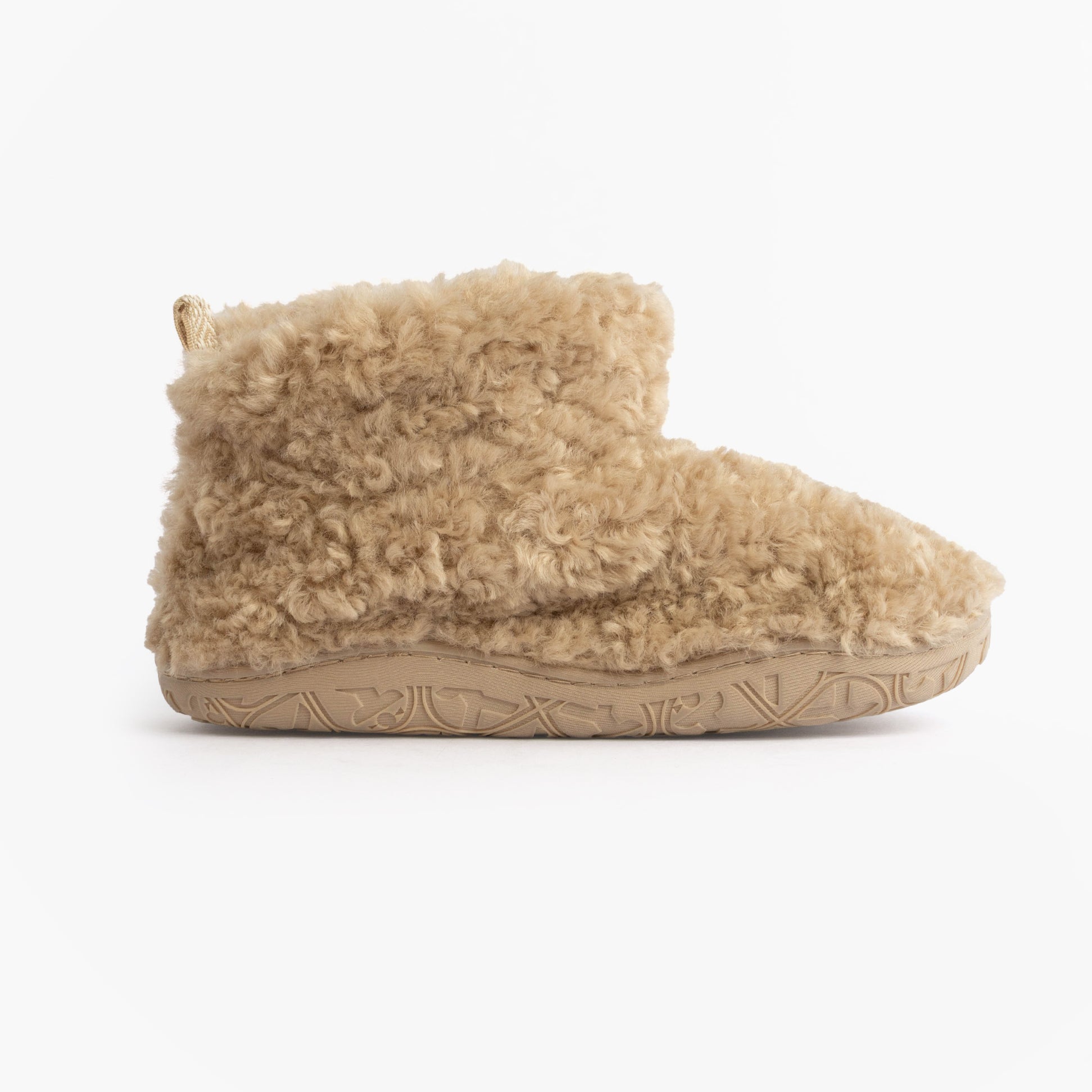 Bedroom Athletics LAUREN Womens Slipper Boots Biscuit side view of faux fur slipper boots