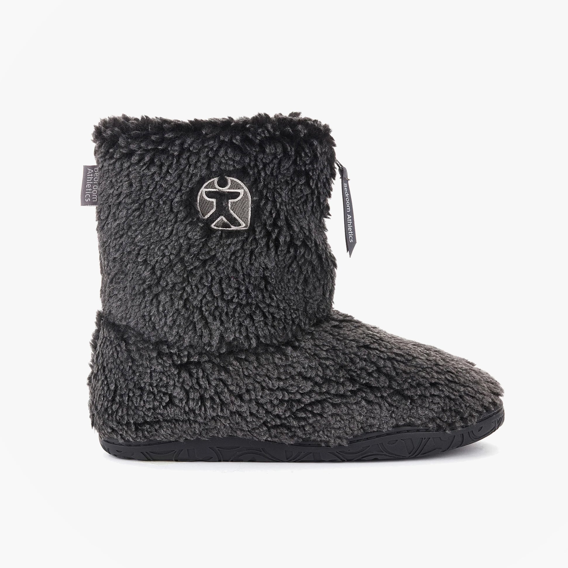 Bedroom Athletics GOSLING Mens Boot Slippers Washed Black side view showing the soft fabric upper and round toe design.