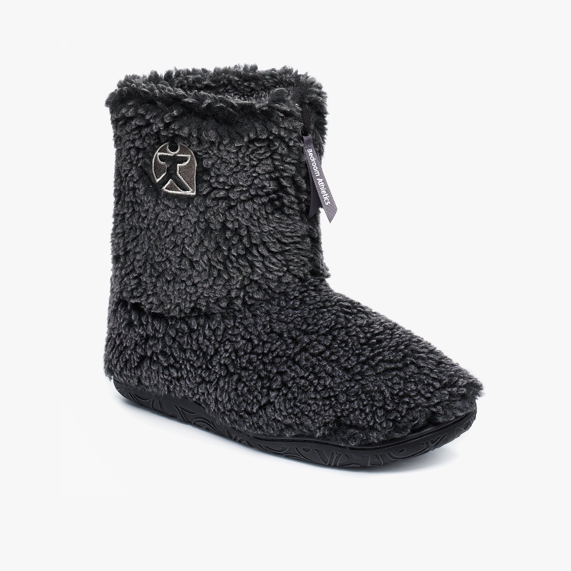 Bedroom Athletics GOSLING Mens Boot Slippers Washed Black side view showcasing the fuzzy fabric and zip closure.