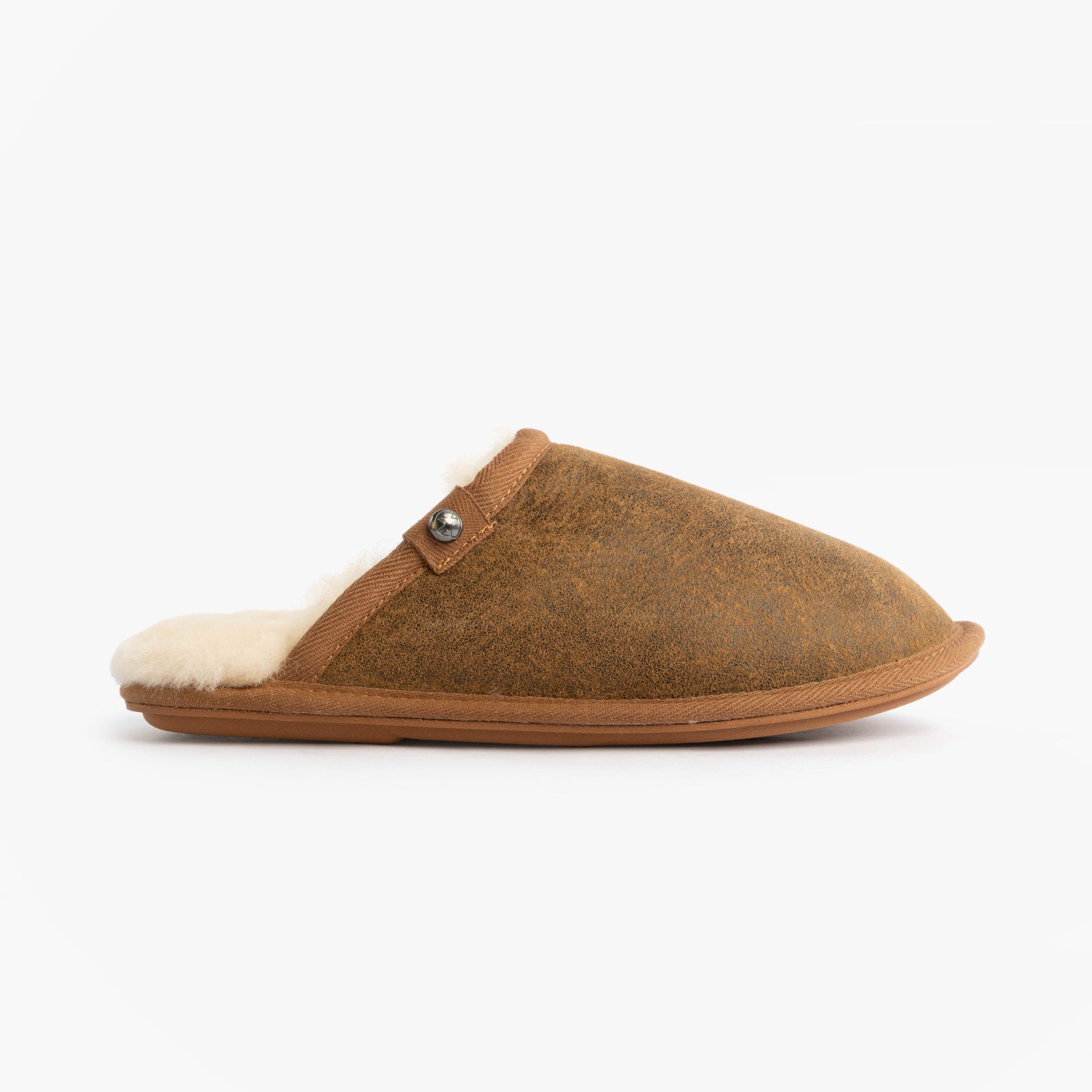 Bedroom Athletics KIEFER Mens Mule Slippers Distressed Coffee side view showcasing soft textile lining and rubber sole.