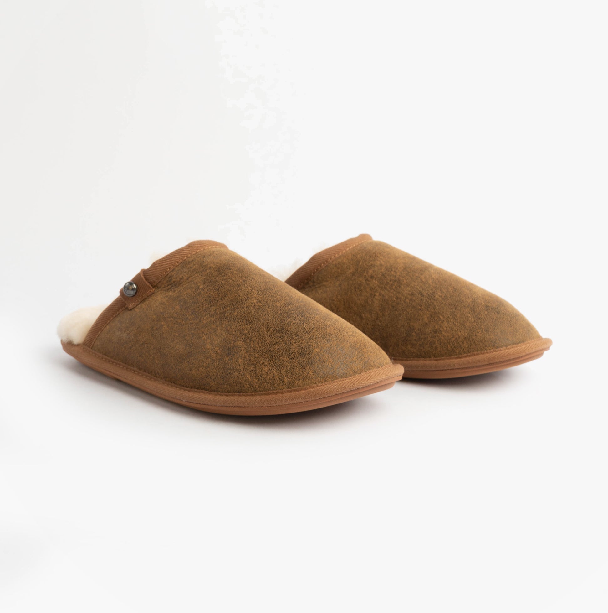Bedroom Athletics KIEFER Mens Mule Slippers Distressed Coffee side view showing soft lining and rubber sole