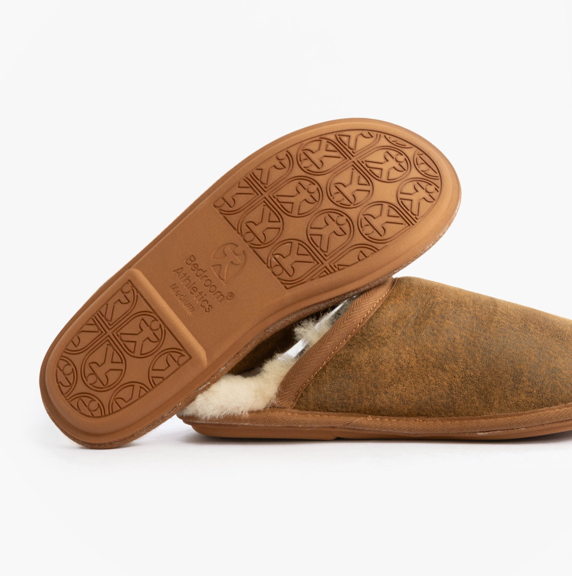 Bedroom Athletics KIEFER Mens Mule Slippers Distressed Coffee bottom view showing rubber sole and textile upper details