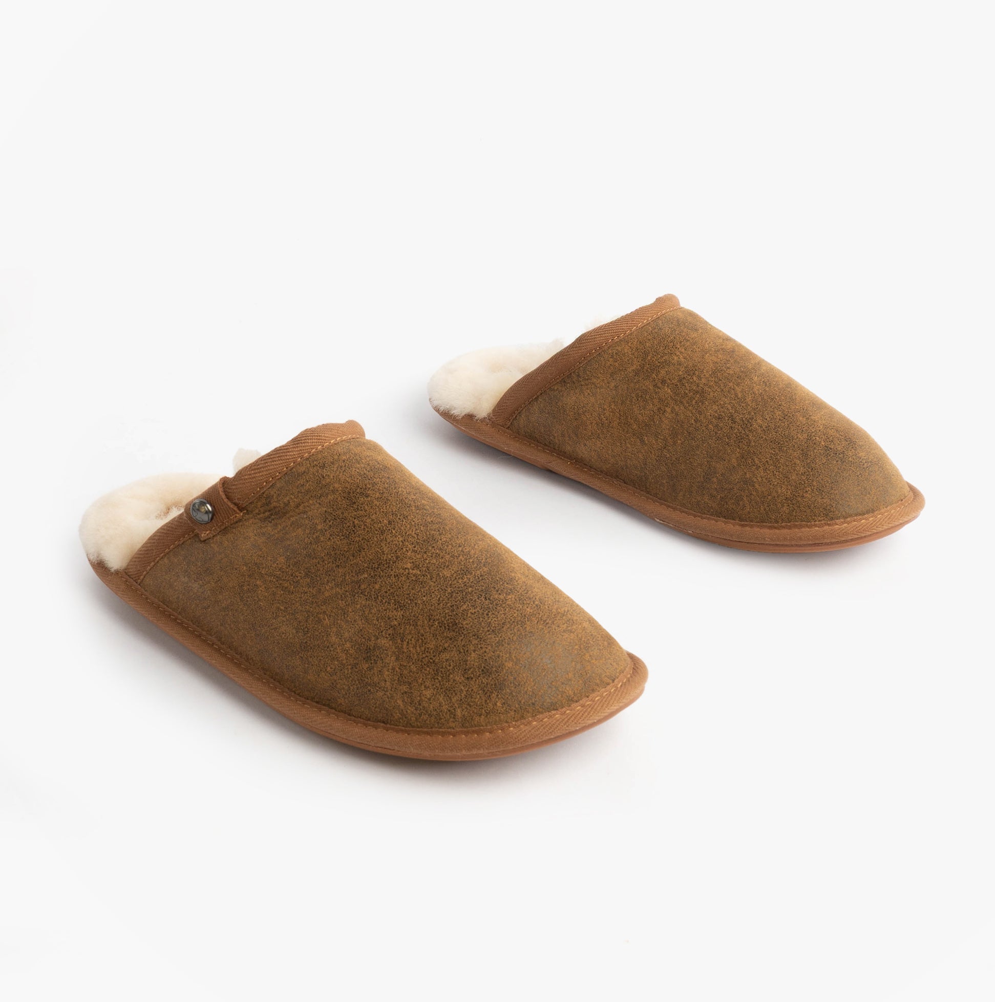 Bedroom Athletics KIEFER Mens Mule Slippers Distressed Coffee side view of slippers on a white background.