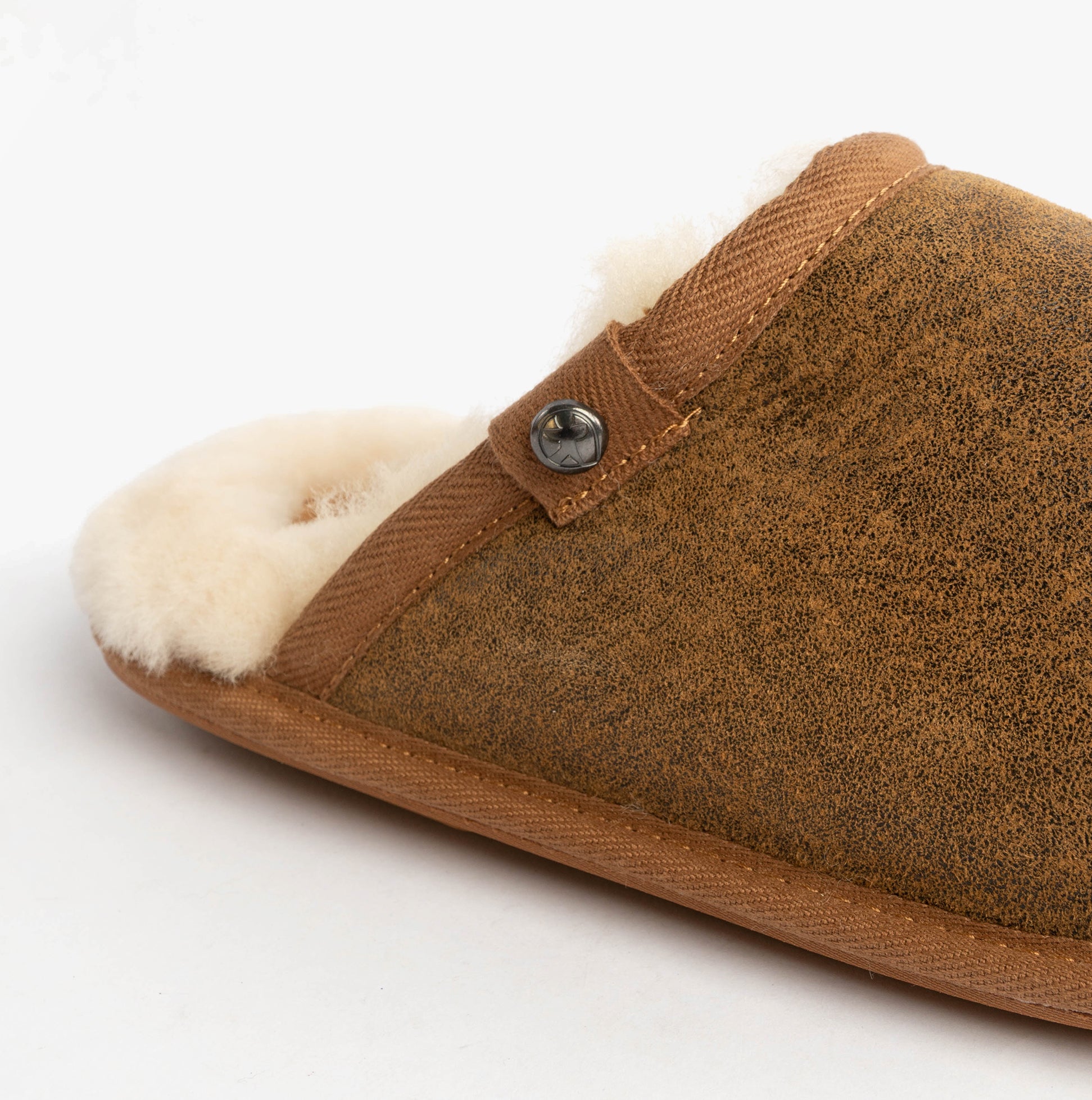 Bedroom Athletics KIEFER Mens Mule Slippers Distressed Coffee side view showing textured upper and warm lining.