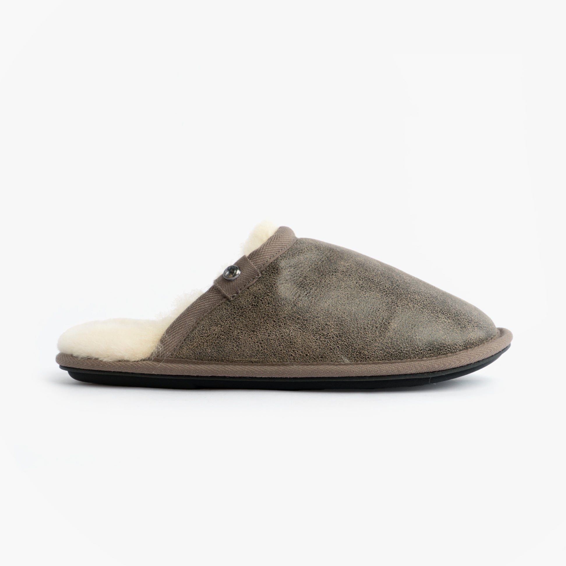 Bedroom Athletics KIEFER Mens Mules Slippers Distressed Tea side view showing soft sheepskin lining and leather upper.