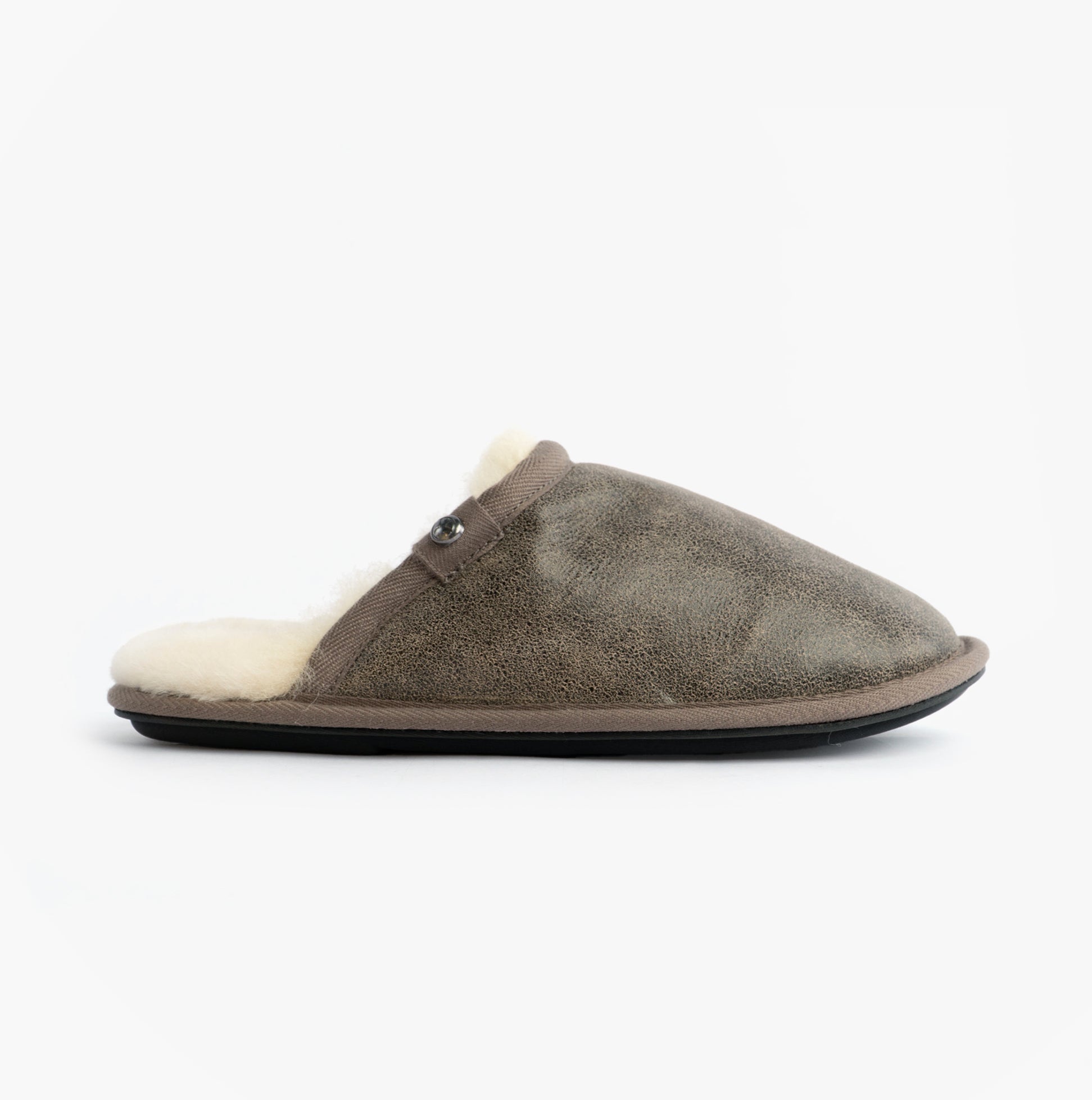 Bedroom Athletics KIEFER Mens Mules Slippers Distressed Tea side view showing soft sheepskin lining and leather upper.