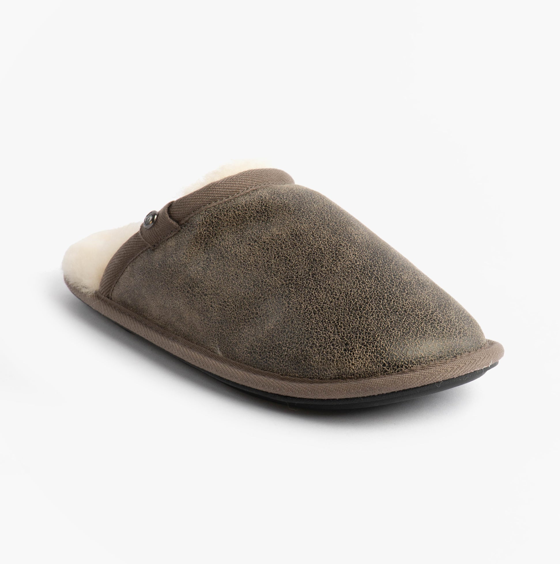 Bedroom Athletics KIEFER Mens Mules Slippers Distressed Tea side view showcasing leather upper and sheepskin lining.