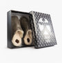 Bedroom Athletics KIEFER Mens Mules Slippers Distressed Tea in box, side view showing slippers with sheepskin lining.