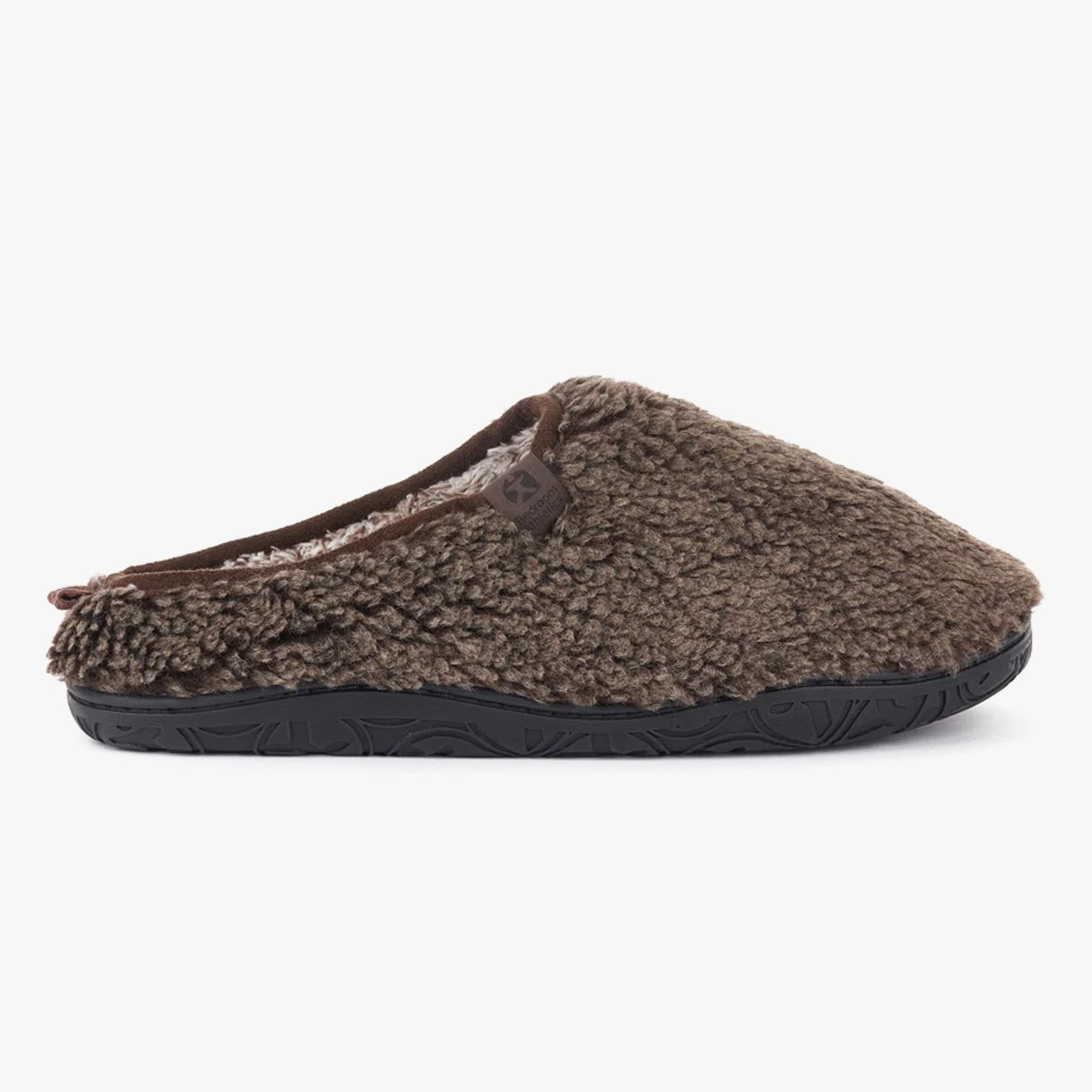 Bedroom Athletics GYLLENHAAL Mens Mule Slippers Washed Dark Chocolate side view with fluffy texture and round toe shape