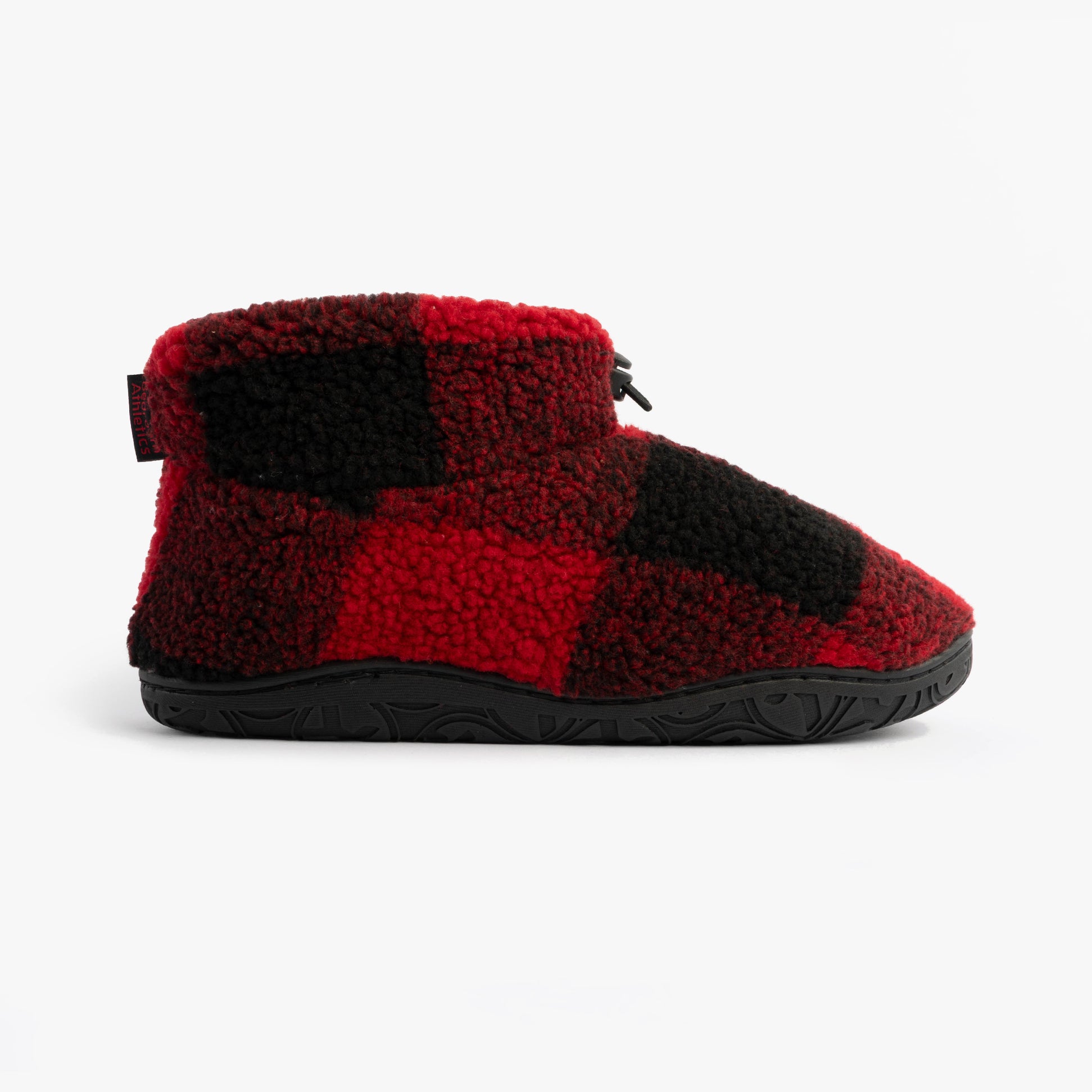 Bedroom Athletics NEESON Mens Sherpa Boots Red / Black Check side view showcasing faux fur upper and synthetic sole.