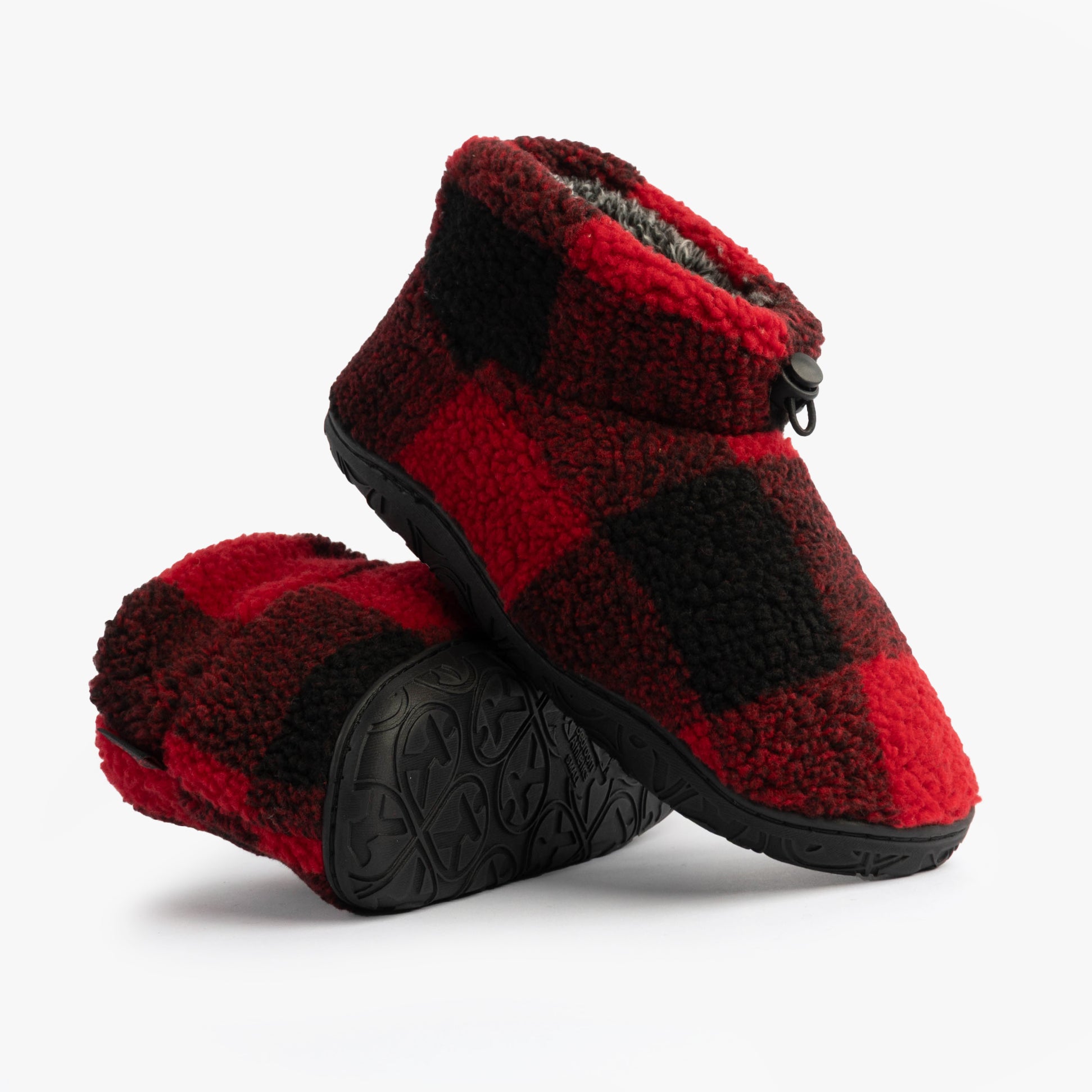 Bedroom Athletics NEESON Mens Sherpa Boots Red / Black Check side view showing faux fur and synthetic sole.