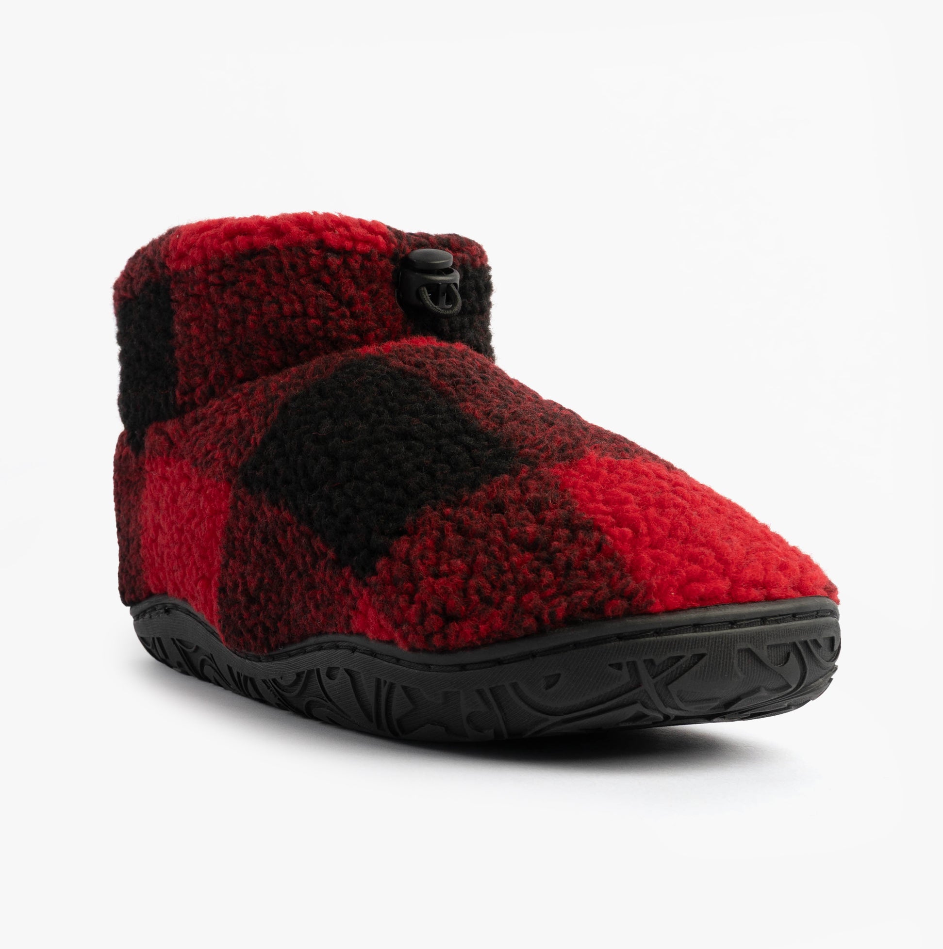 Bedroom Athletics NEESON Mens Sherpa Boots Red / Black Check side view showing faux fur upper and synthetic sole.