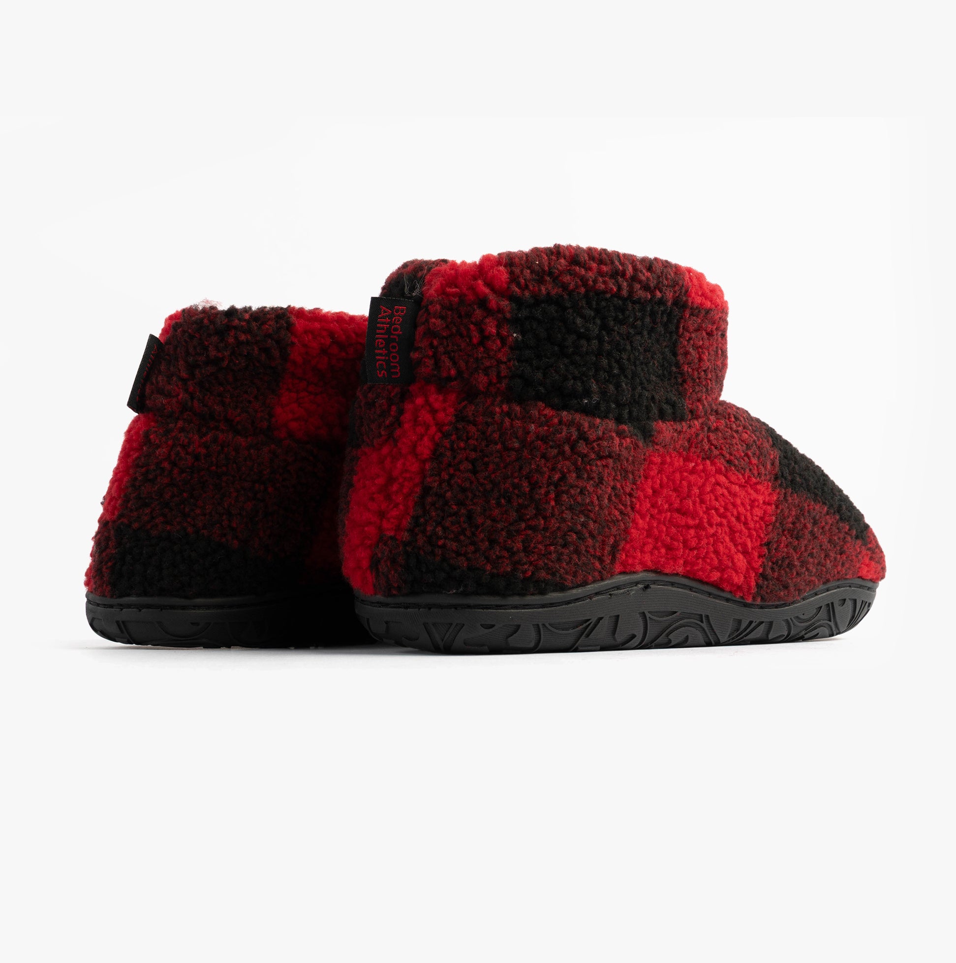 Bedroom Athletics NEESON Mens Sherpa Boots Red / Black Check side view showing faux fur upper and textured sole.