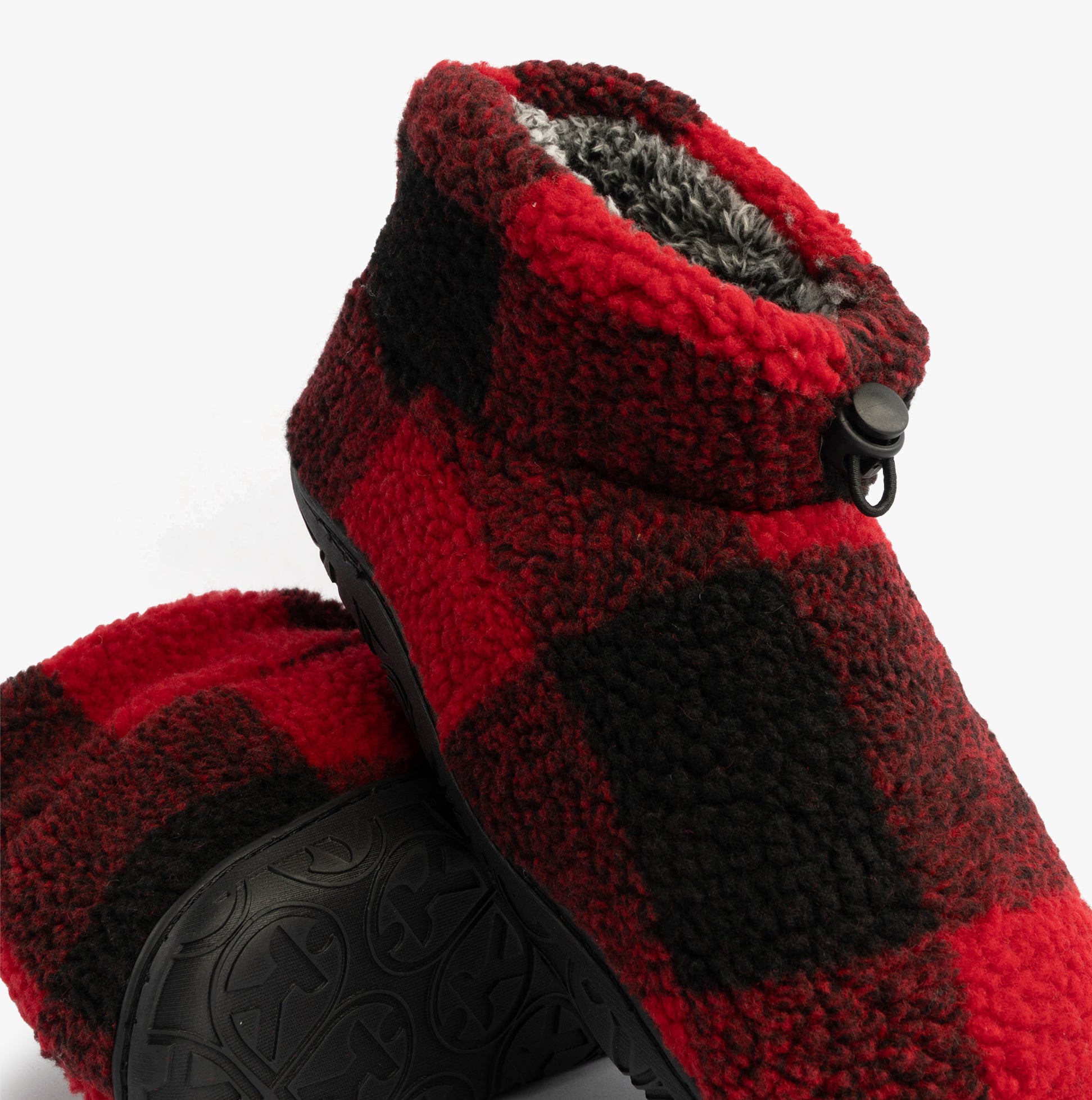 Bedroom Athletics NEESON Mens Sherpa Boots Red / Black Check side view with textured faux fur upper and black sole.