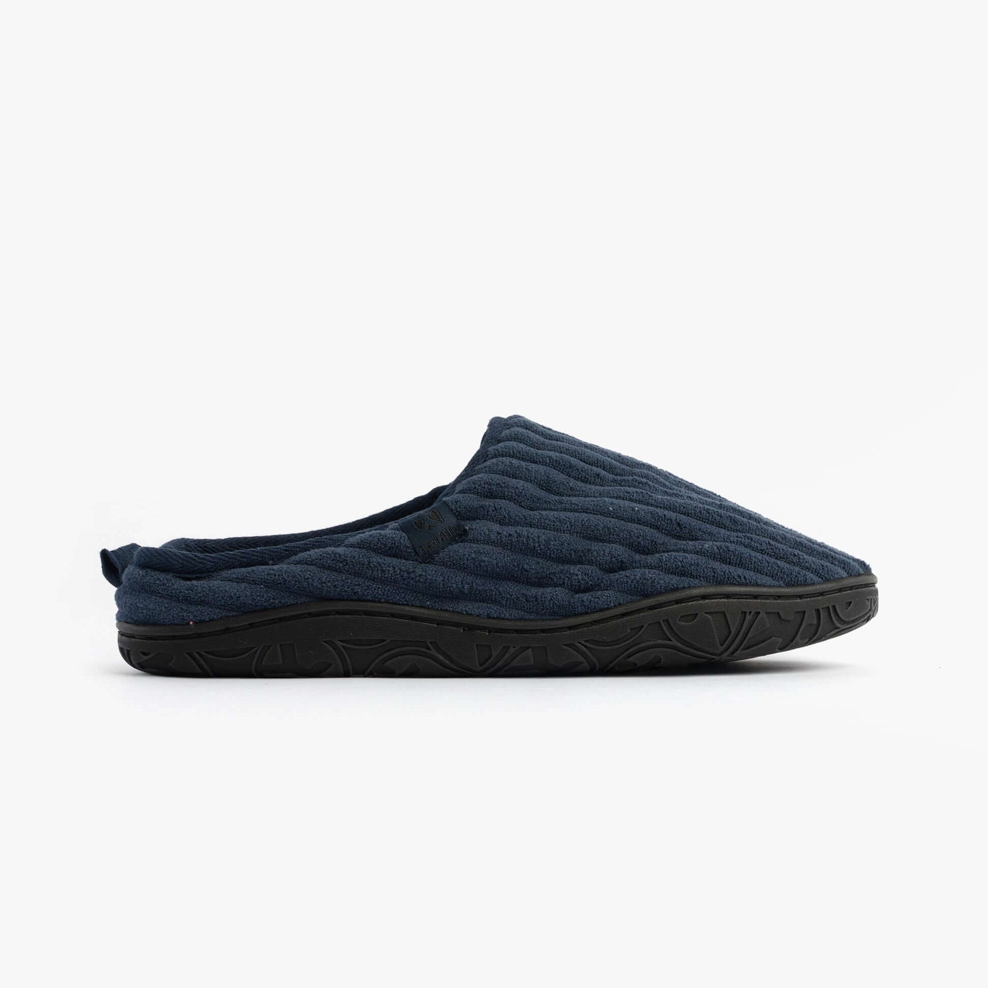 Bedroom Athletics JAMIE Mens Mule Slippers Navy side view showing quilted textile upper and rubber sole.